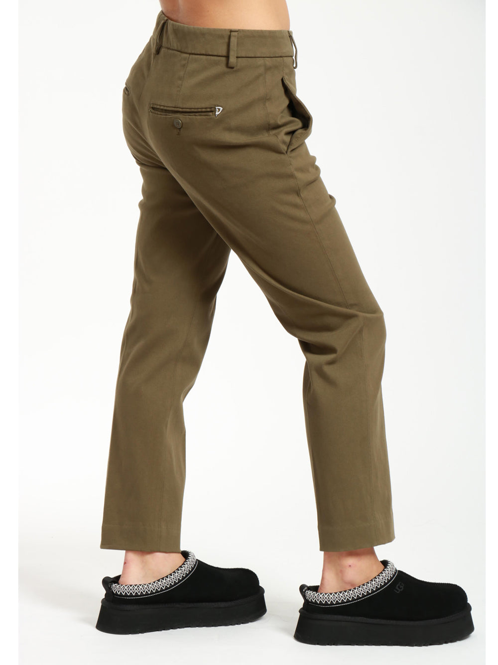 DONDUP Pantaloni Nima in Gabardina Verde Militare con Bottoni Gioiello Verde militare