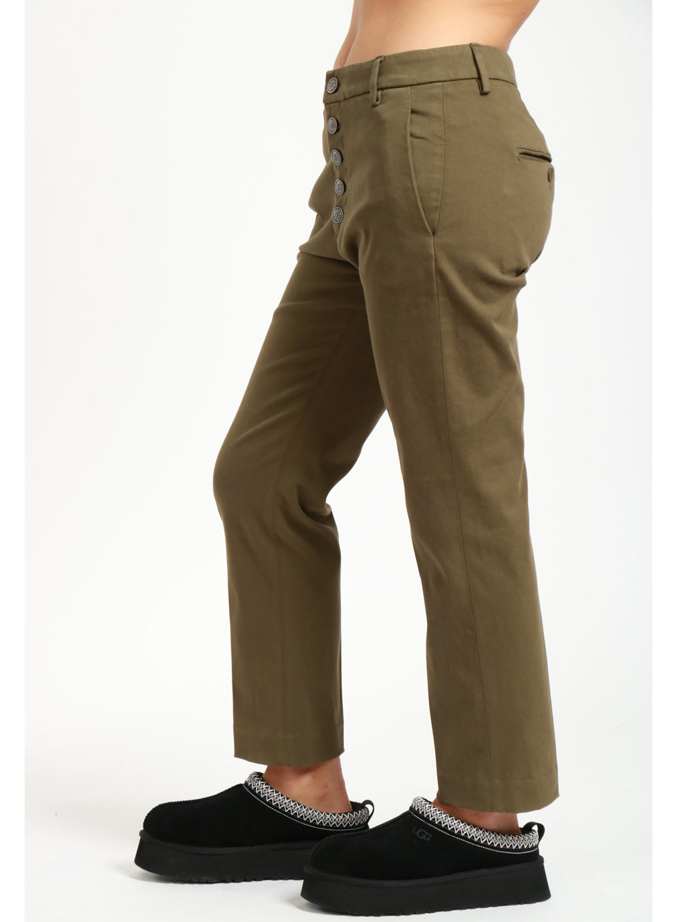 DONDUP Pantaloni Nima in Gabardina Verde Militare con Bottoni Gioiello Verde militare