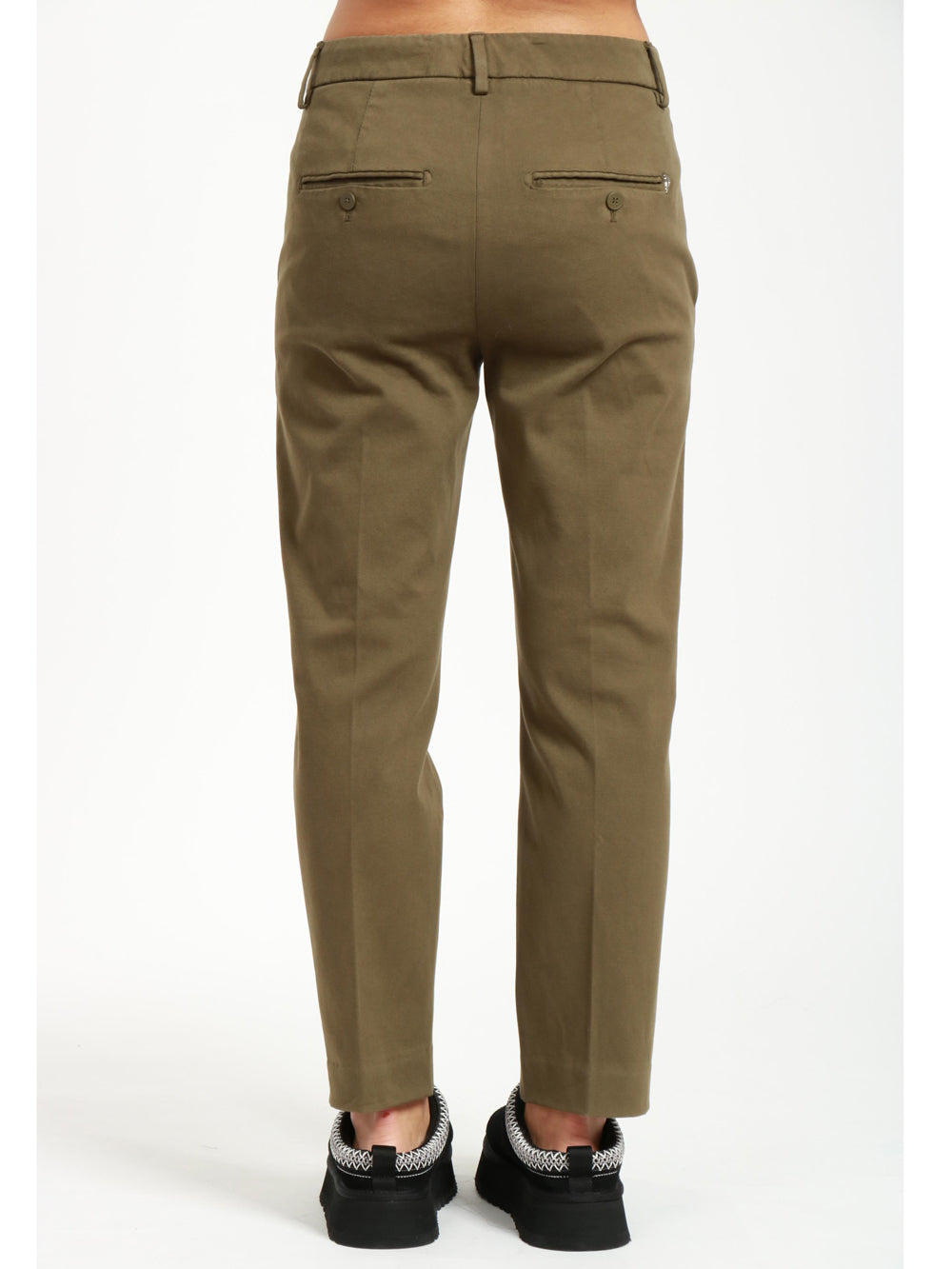 DONDUP Pantaloni Nima in Gabardina Verde Militare con Bottoni Gioiello Verde militare