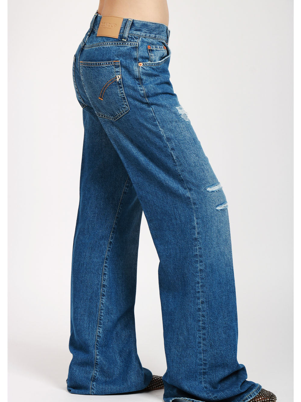 DONDUP Jeans Amber Palazzo in Denim Blu con Rotture Denim