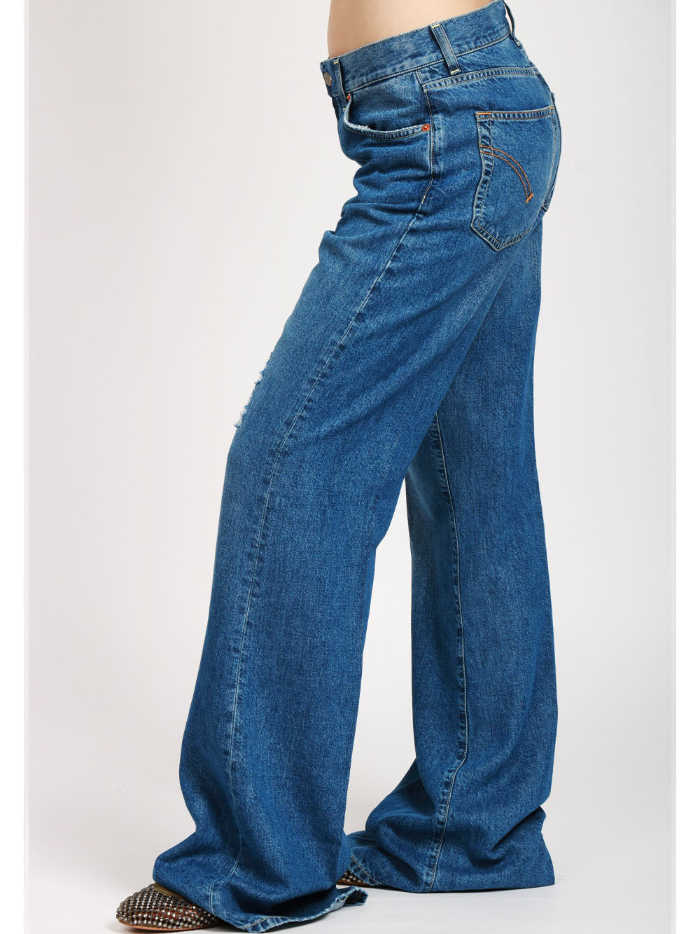 DONDUP Jeans Amber Palazzo in Denim Blu con Rotture Denim