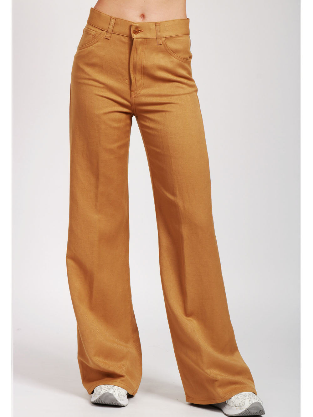 DONDUP Pantaloni Amber Palazzo in Misto Lino Cammello Sabbia