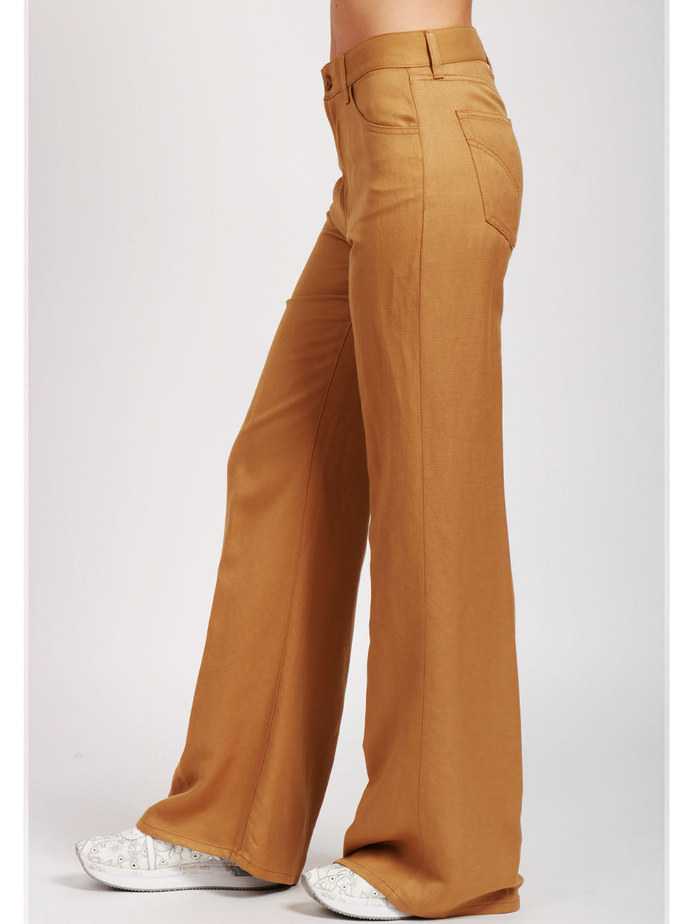 DONDUP Pantaloni Amber Palazzo in Misto Lino Cammello Sabbia