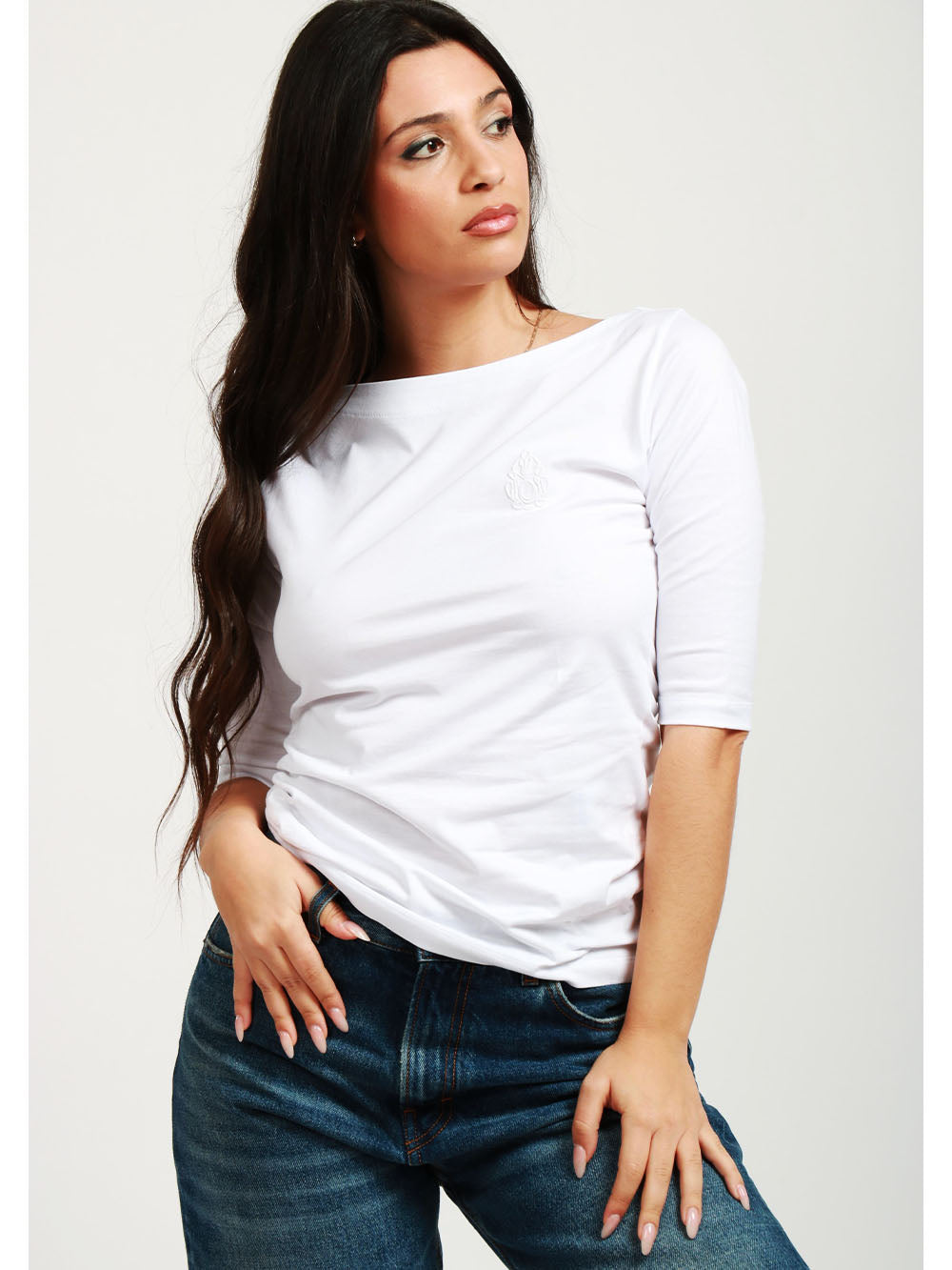 White Cotton T-Shirt with White Embroidery