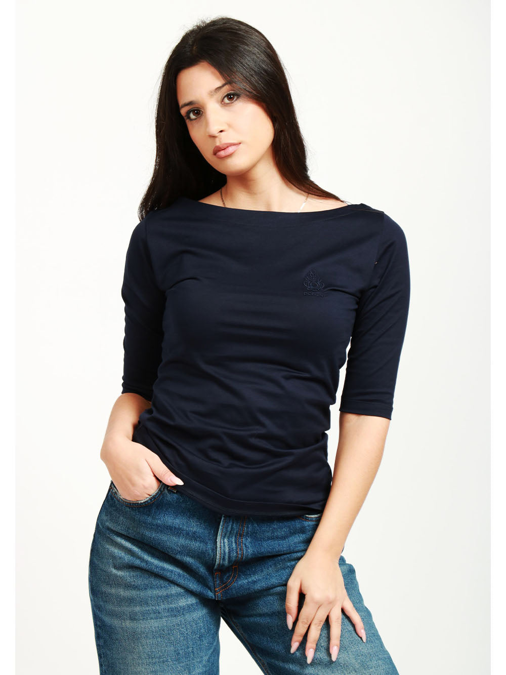 DONDUP T-Shirt in Cotone Bianca con Ricamo Blu Notte Blu