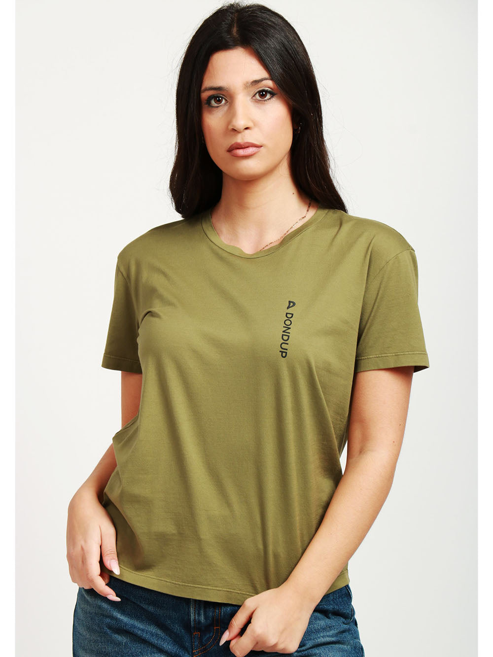 DONDUP T-Shirt Girocollo in Cotone Verde Militare con Logo Verde militare