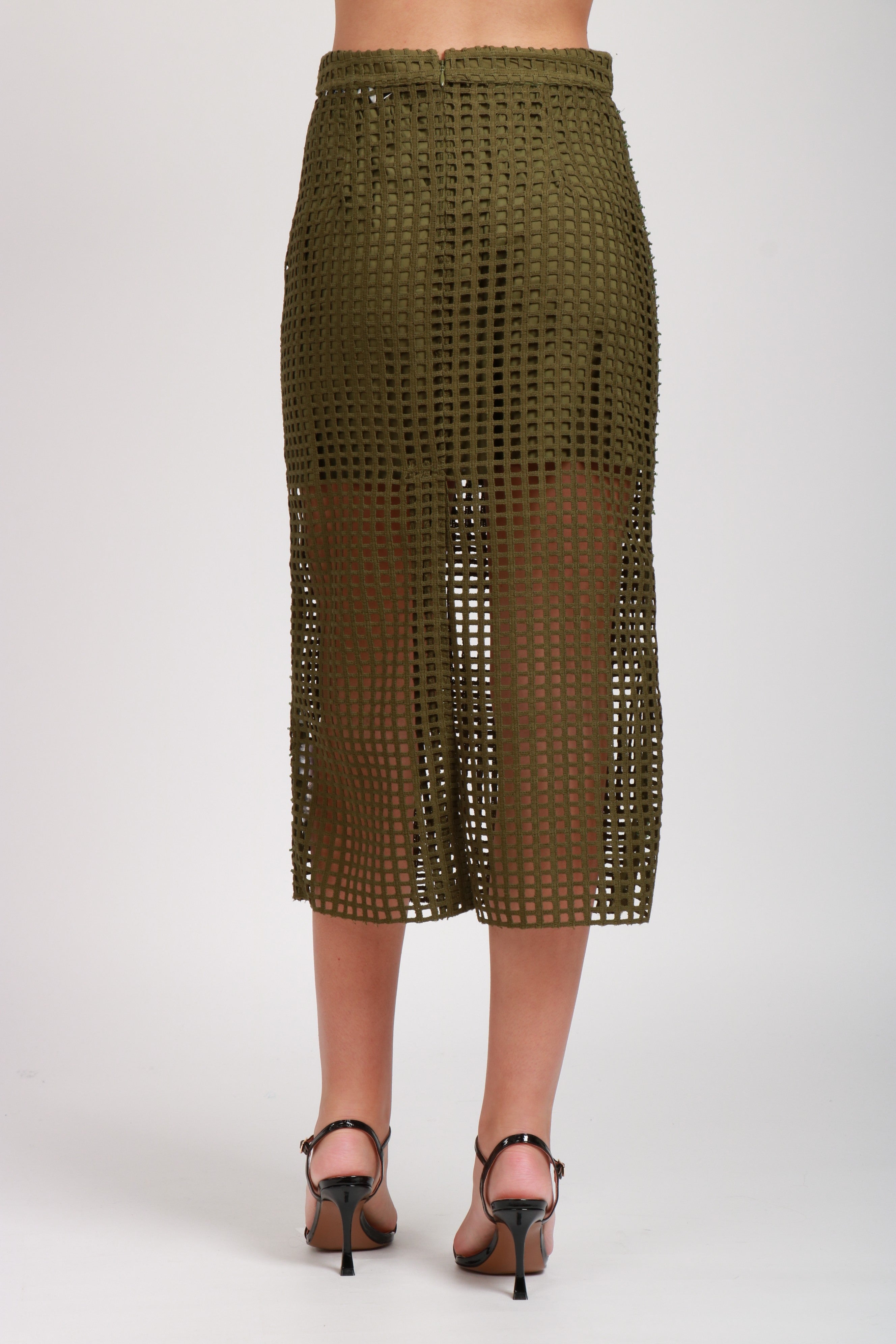ESSENTIEL ANTWERP GONNA MIDI EFFETTO MESH CON STRASS KAKI Verde militare