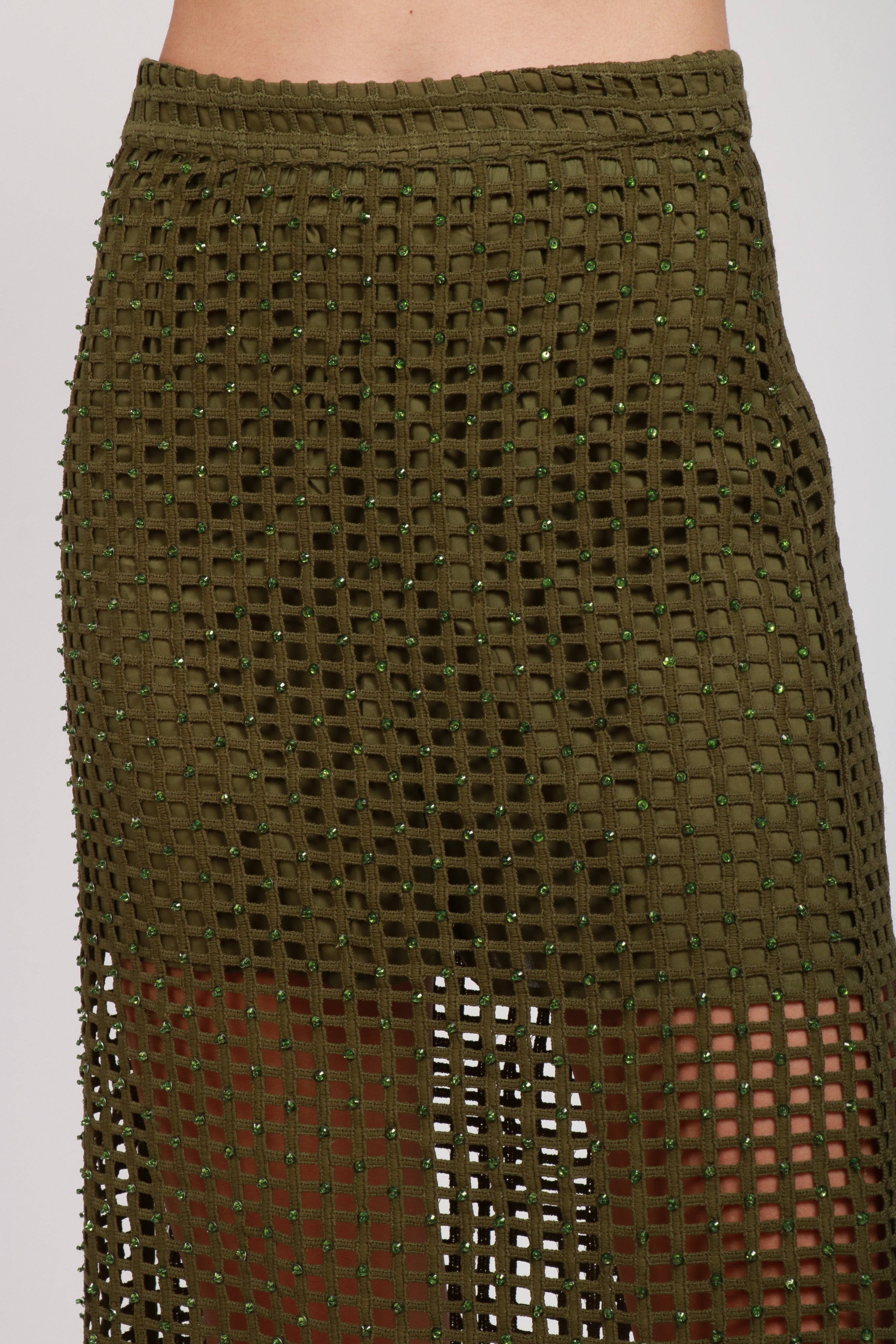 ESSENTIEL ANTWERP GONNA MIDI EFFETTO MESH CON STRASS KAKI Verde militare