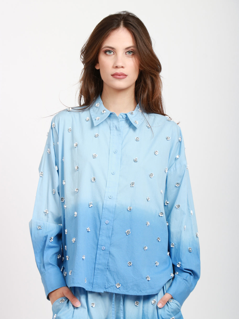 ESSENTIEL ANTWERP Camicia in Cotone in Celeste Degradé con Paillettes Celeste