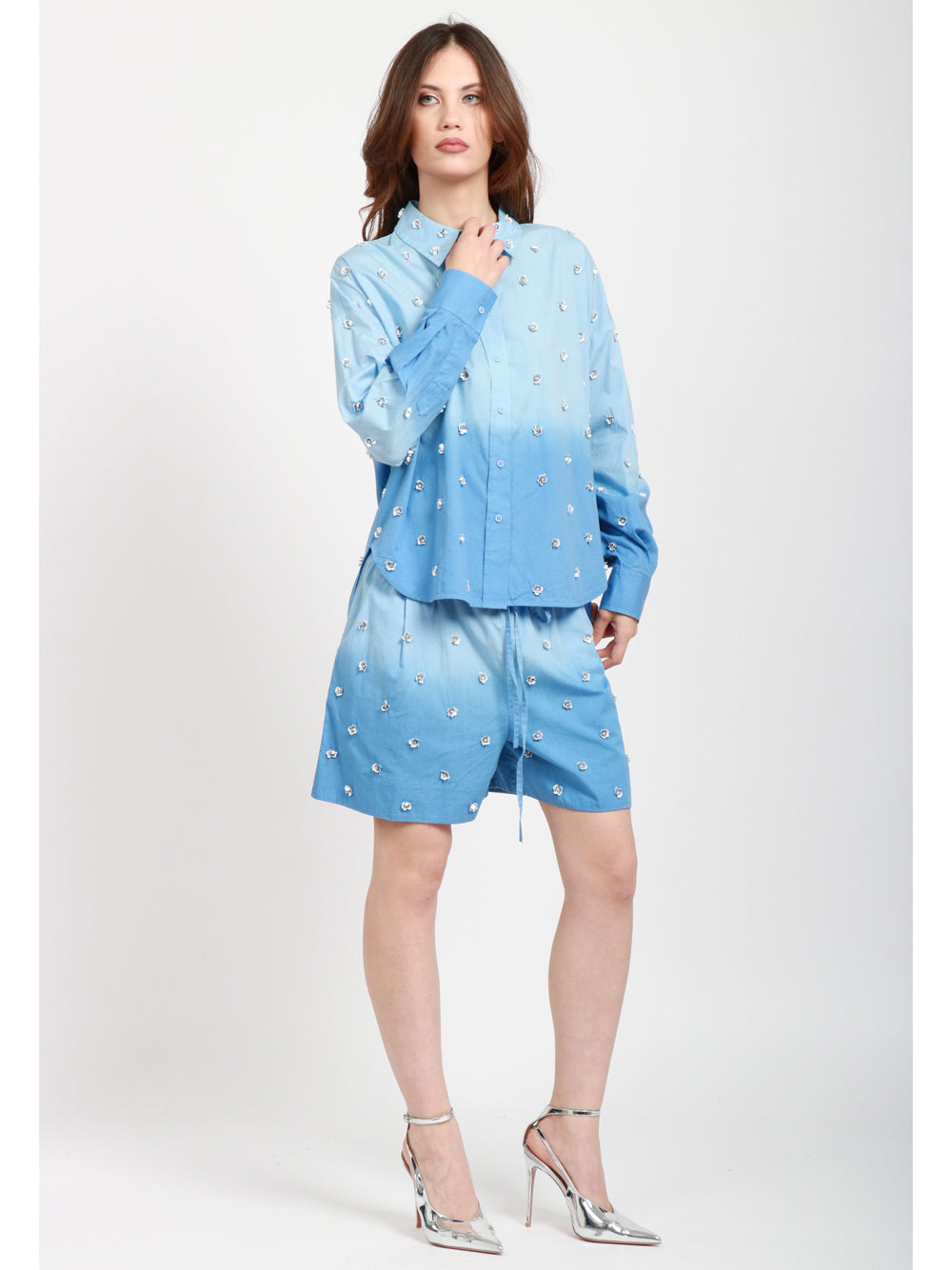 ESSENTIEL ANTWERP Camicia in Cotone in Celeste Degradé con Paillettes Celeste