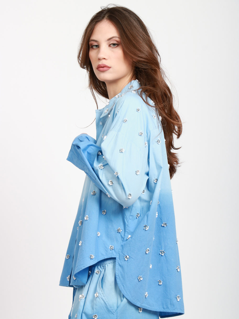 ESSENTIEL ANTWERP Camicia in Cotone in Celeste Degradé con Paillettes Celeste
