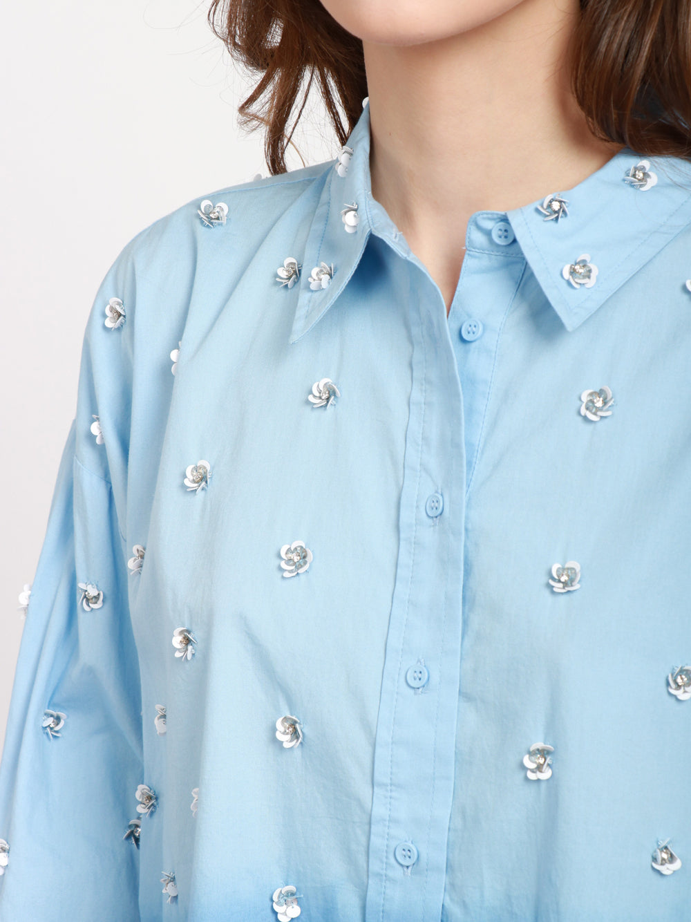 ESSENTIEL ANTWERP Camicia in Cotone in Celeste Degradé con Paillettes Celeste