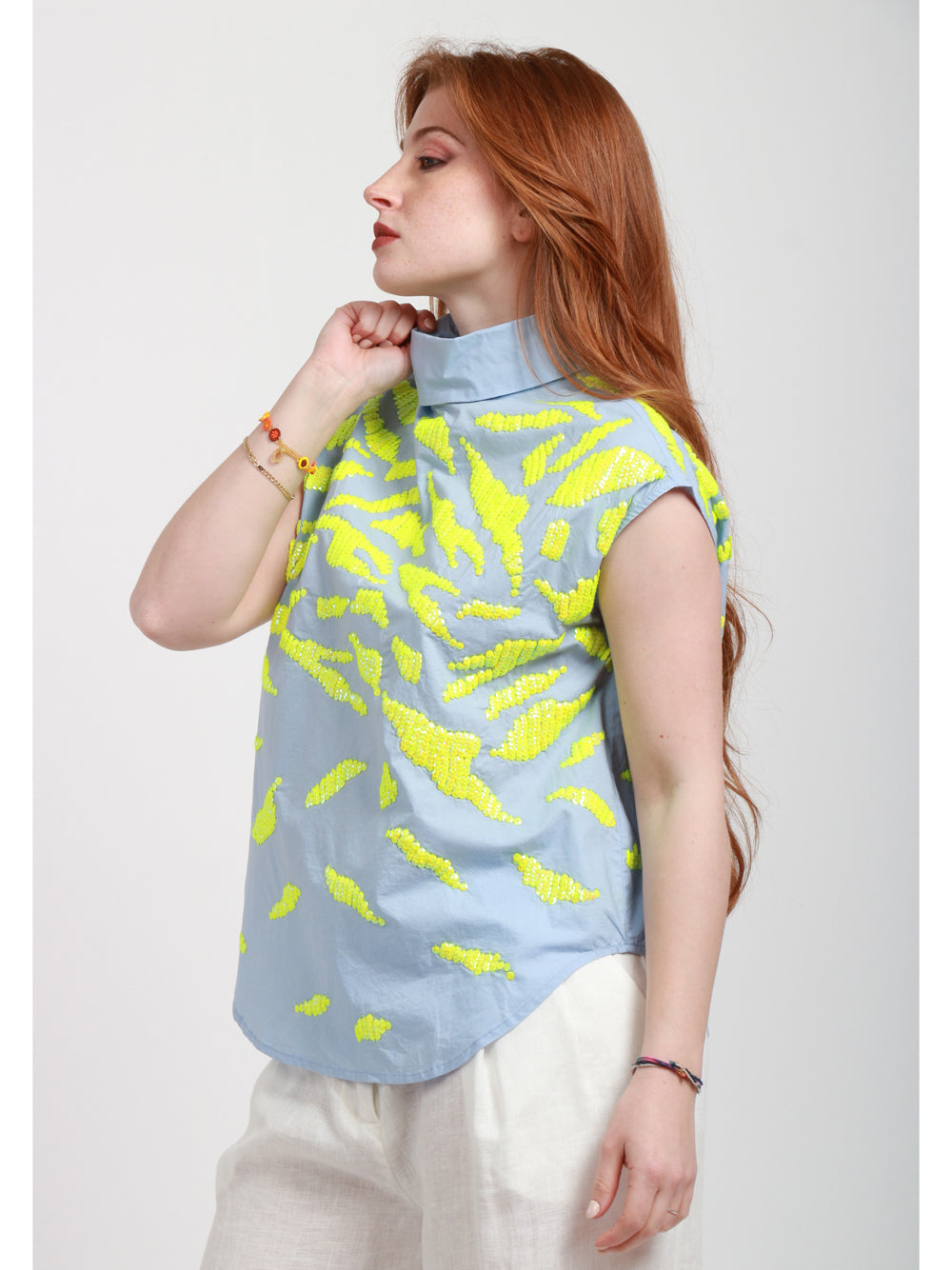 ESSENTIEL ANTWERP Top Hate in Cotone Celeste con Paillettes Celeste Verde
