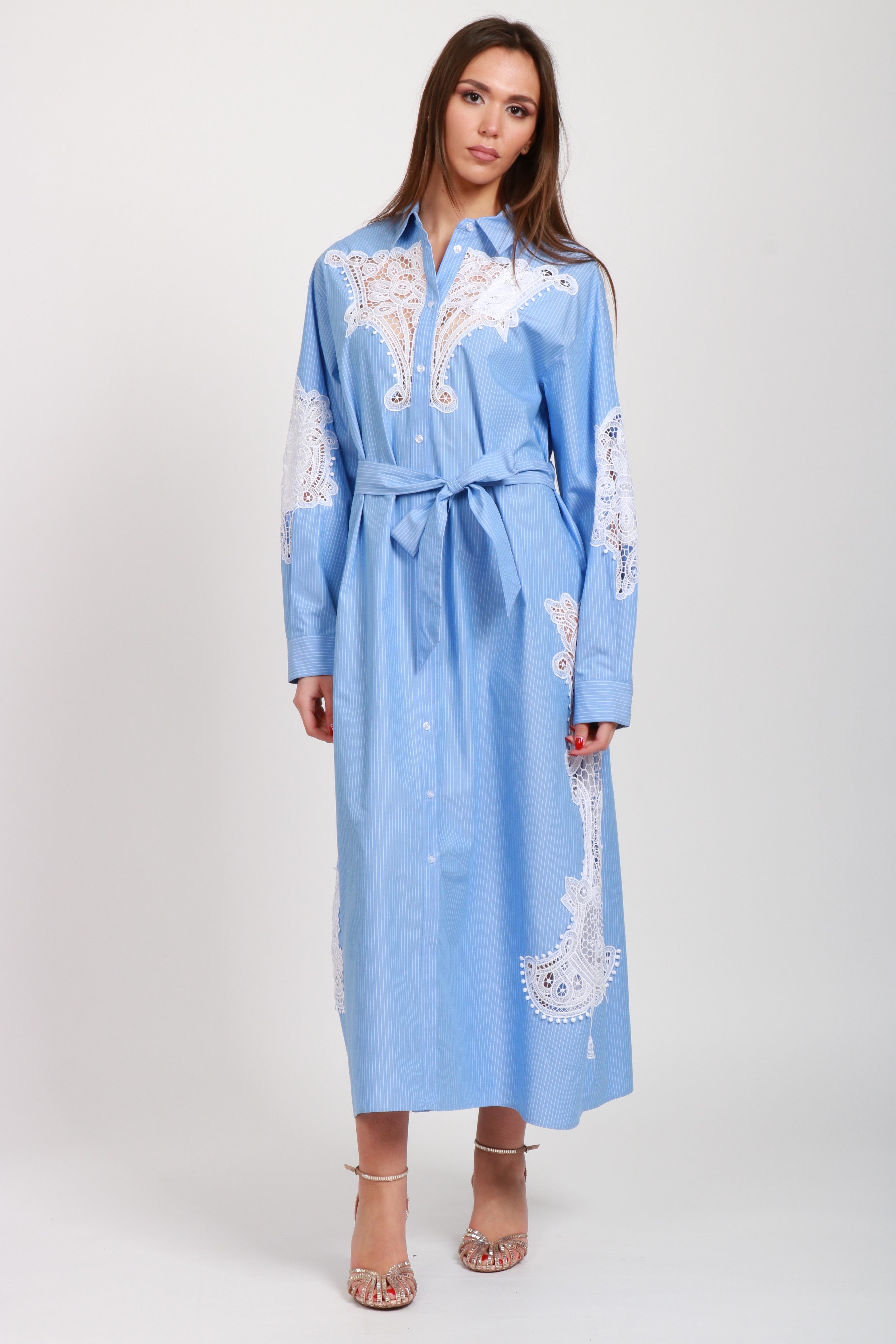 Vestito Haze Chemisier a Righe Celeste e Bianco con Pizzo