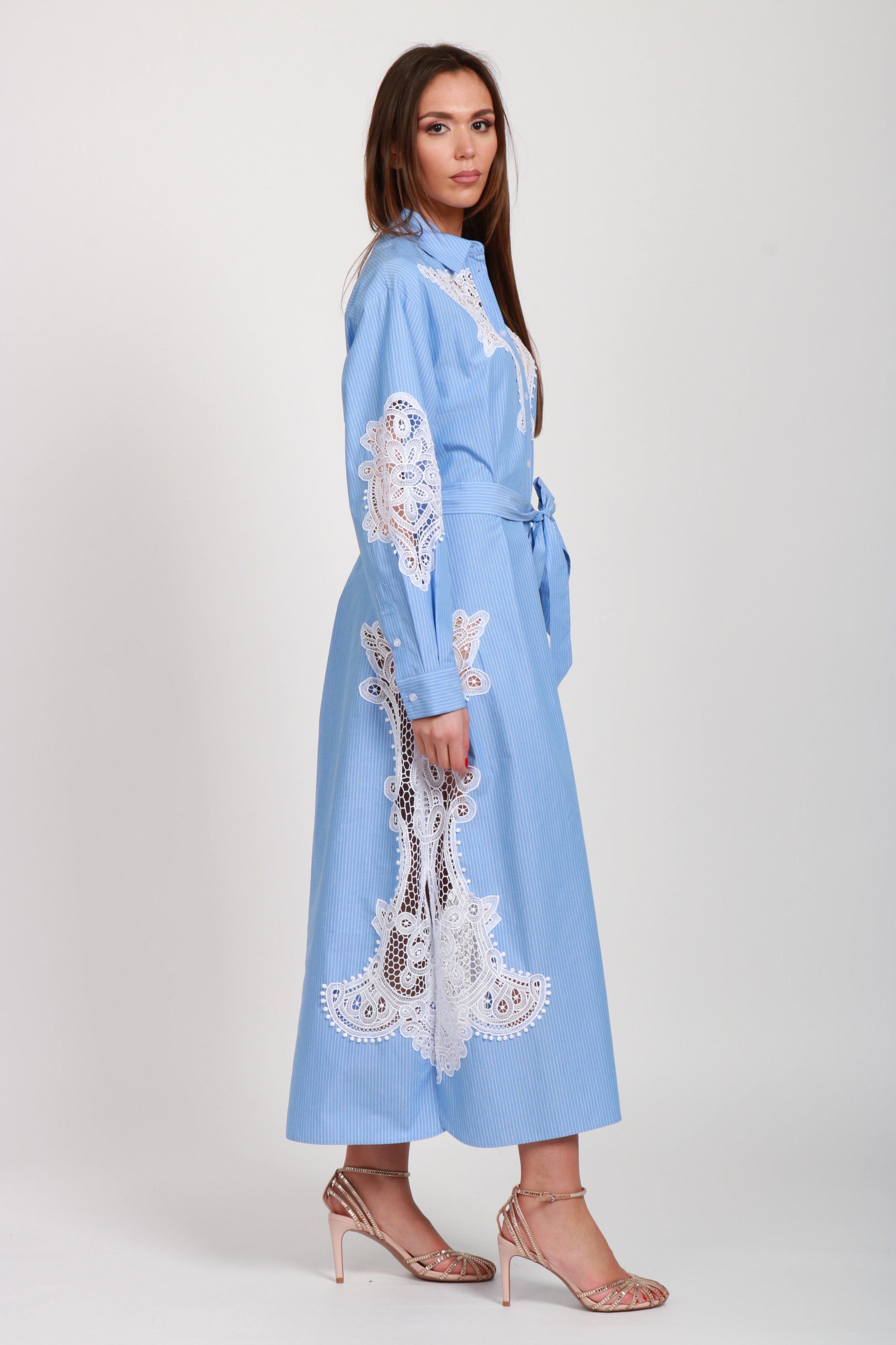 Vestito Haze Chemisier a Righe Celeste e Bianco con Pizzo