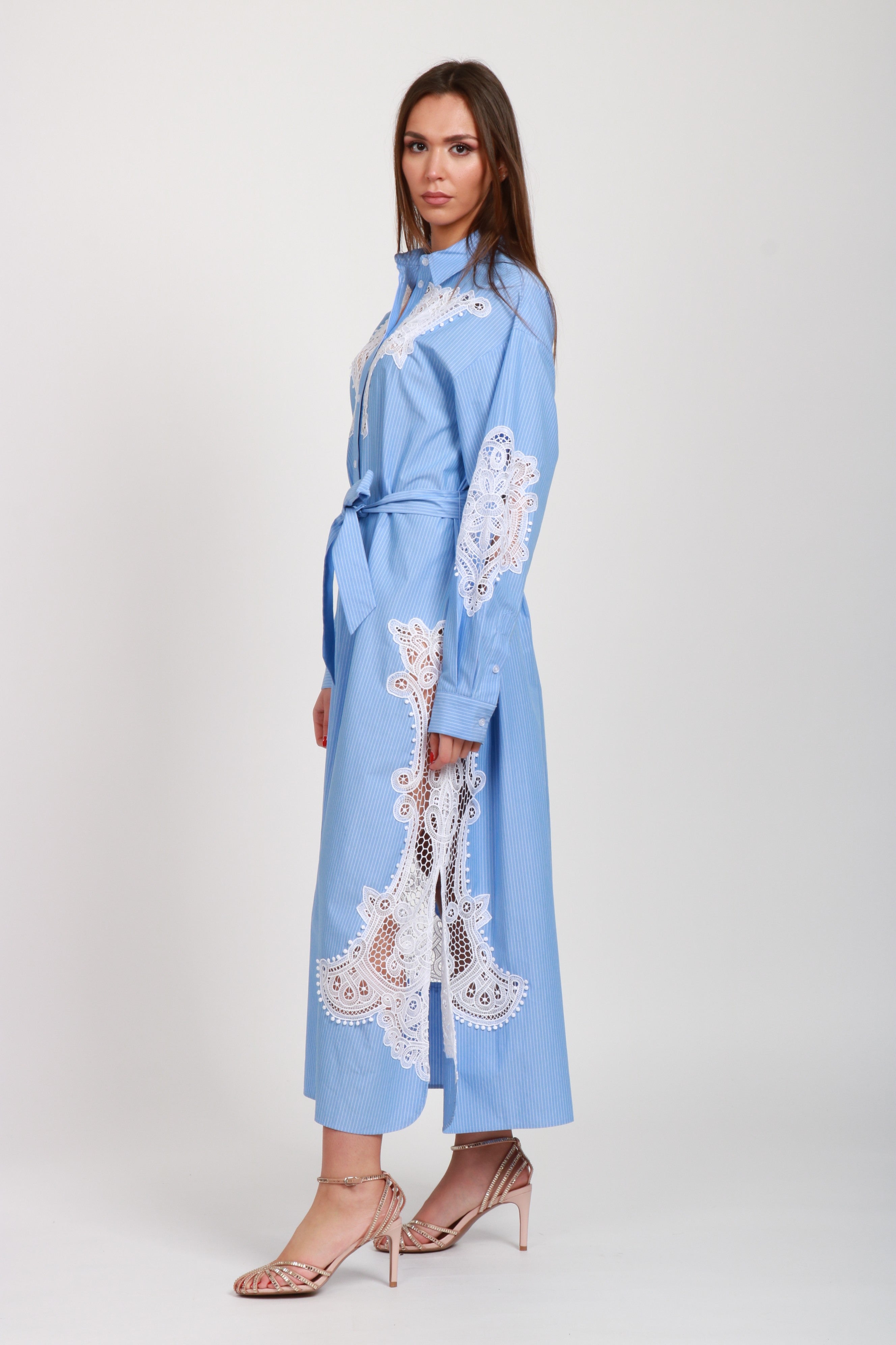 Vestito Haze Chemisier a Righe Celeste e Bianco con Pizzo