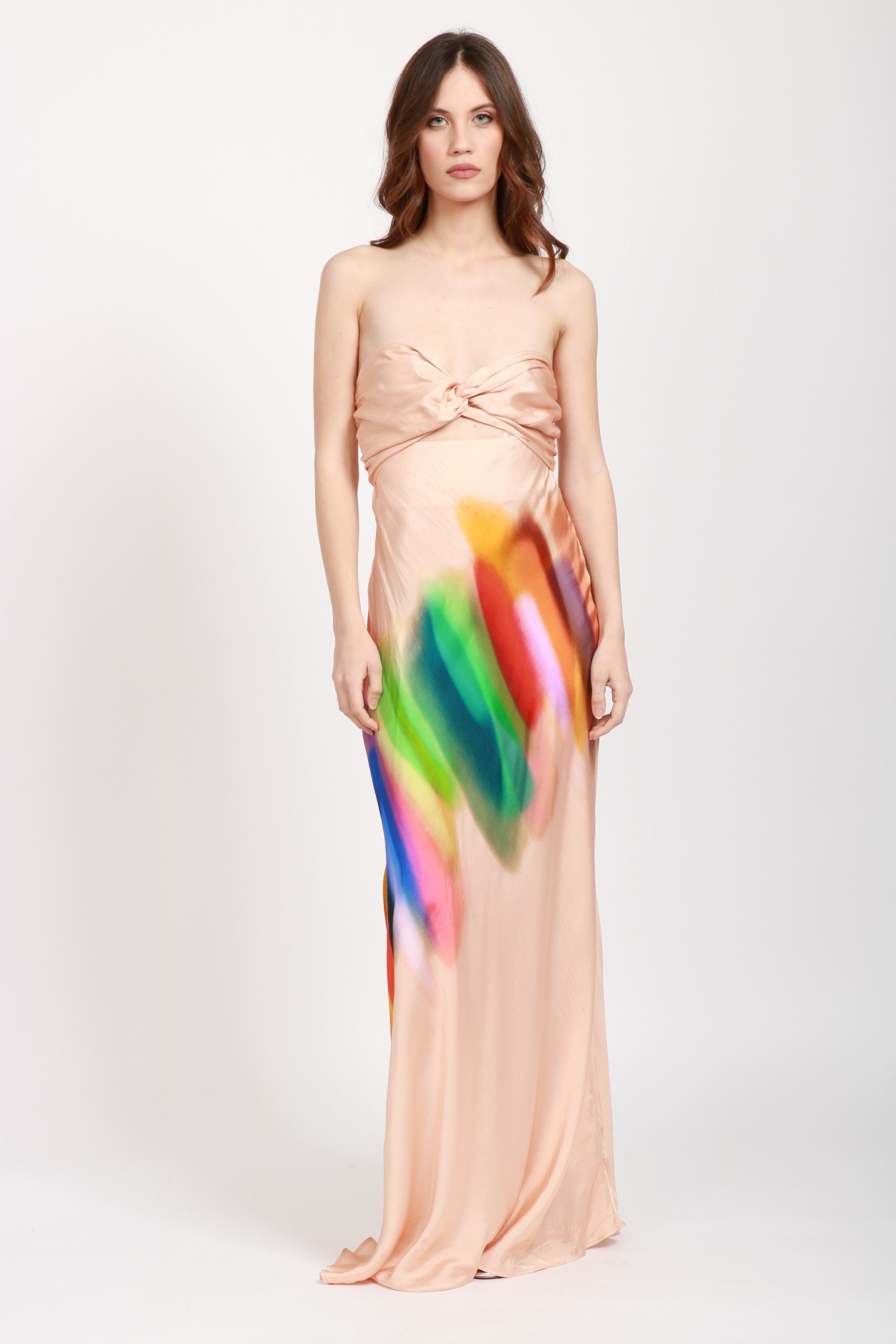 Hebbles Bandeau Dress in Blush with Tye Dye Print