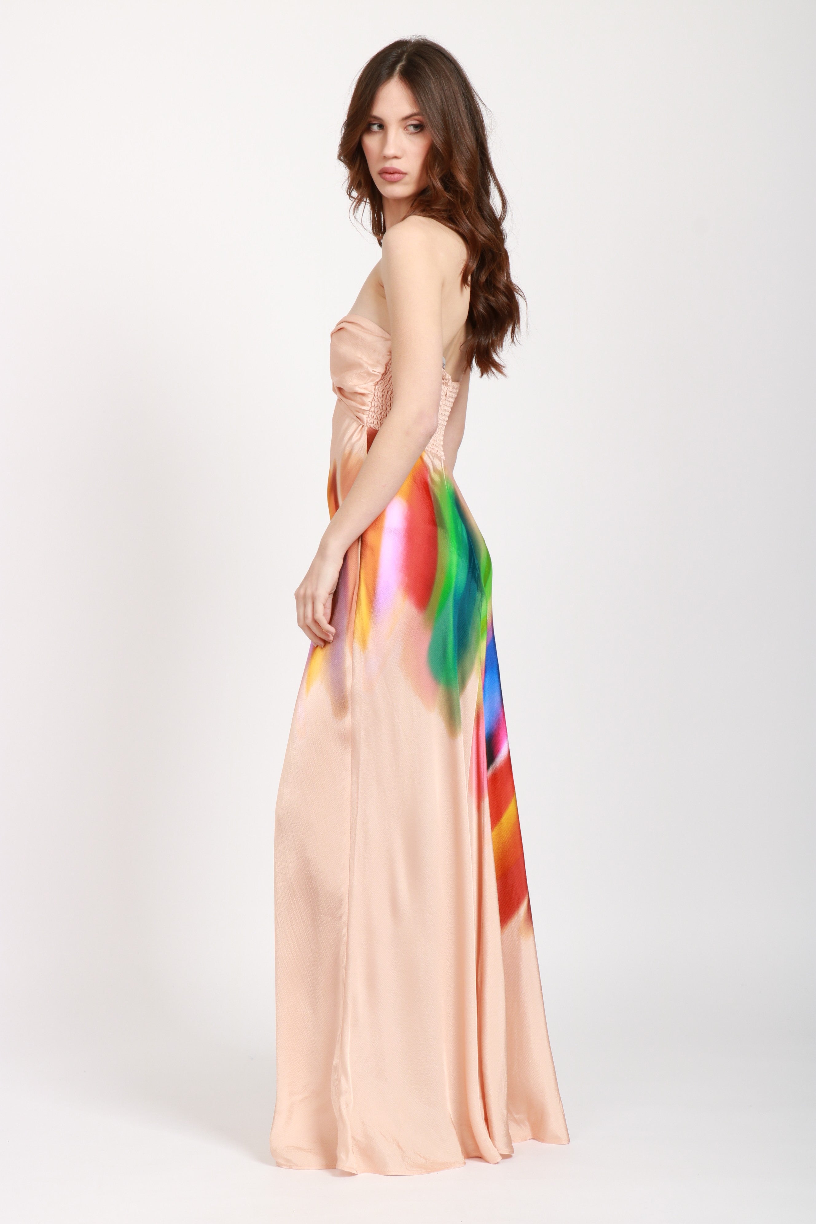 Hebbles Bandeau Dress in Blush with Tye Dye Print