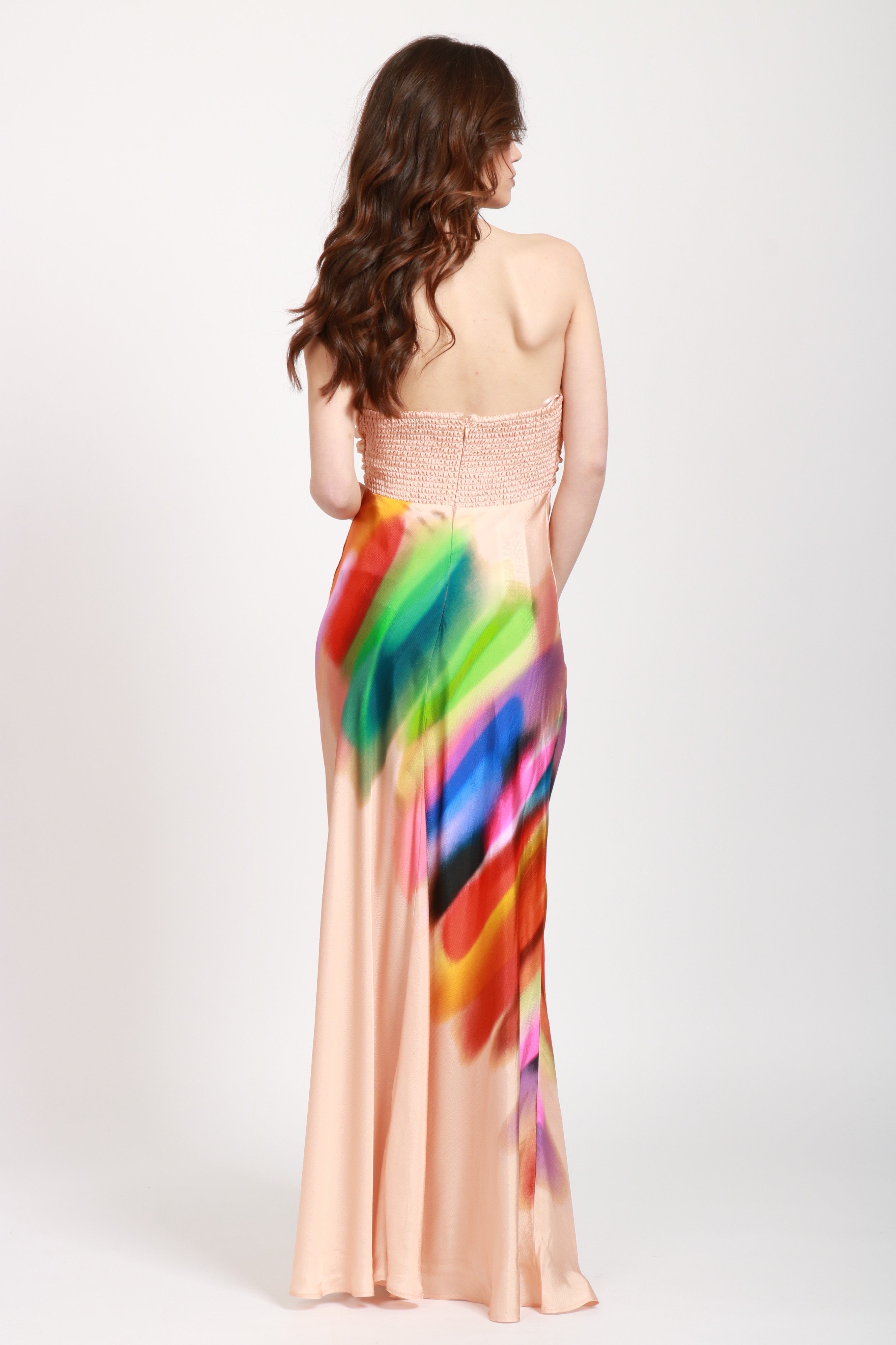 Hebbles Bandeau Dress in Blush with Tye Dye Print