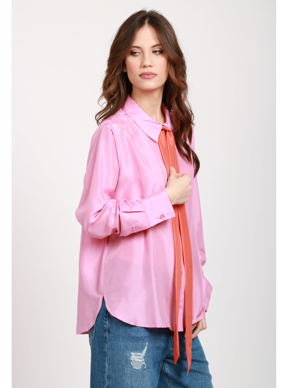 ESSENTIEL ANTWERP CAMICIA ROSA IN SETA CON FUSCIACCA AL COLLO ARANCIONE Rosa