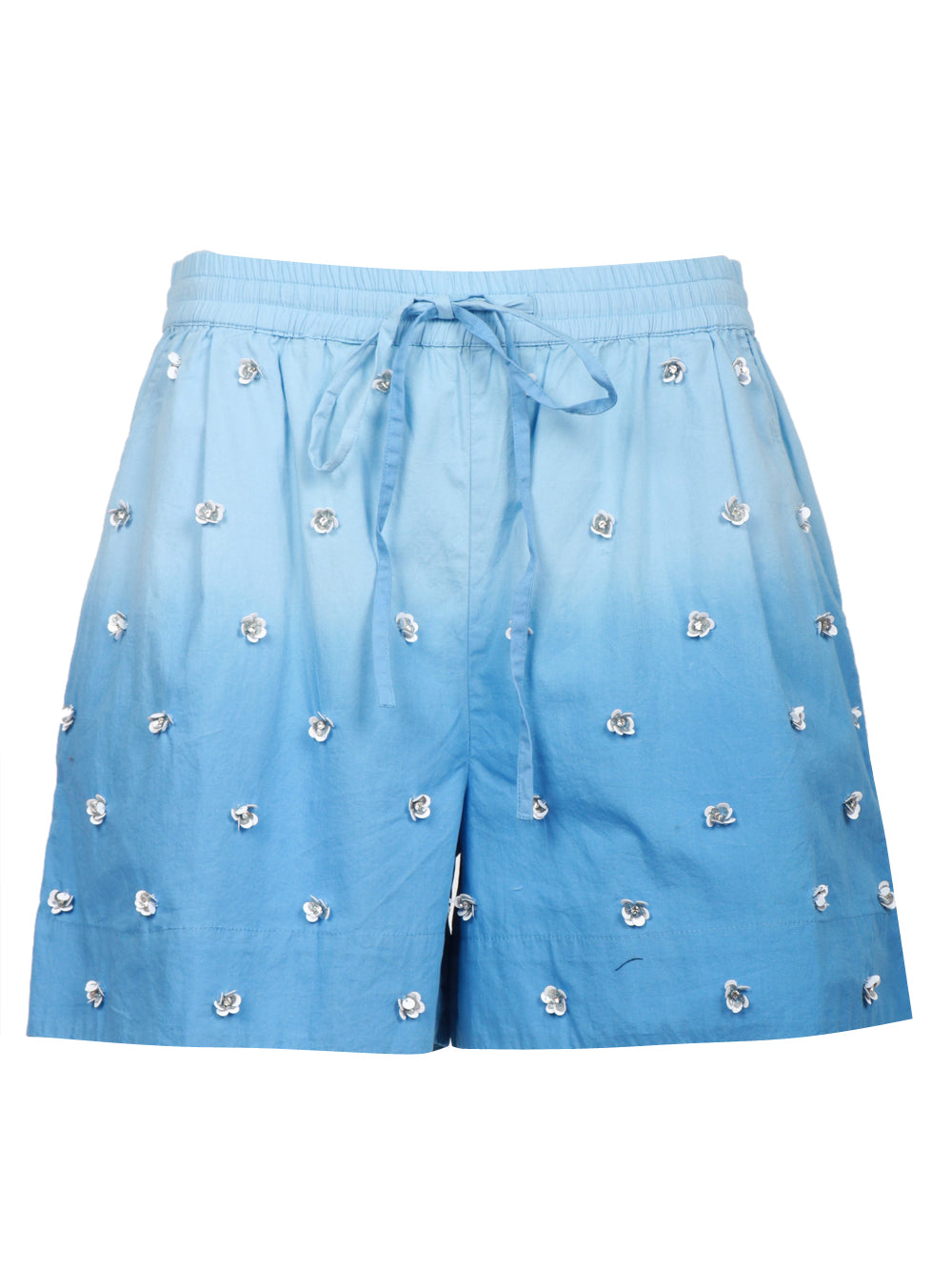 ESSENTIEL ANTWERP Shorts in Cotone Degradé Celeste con Fiori di Paillettes Celeste