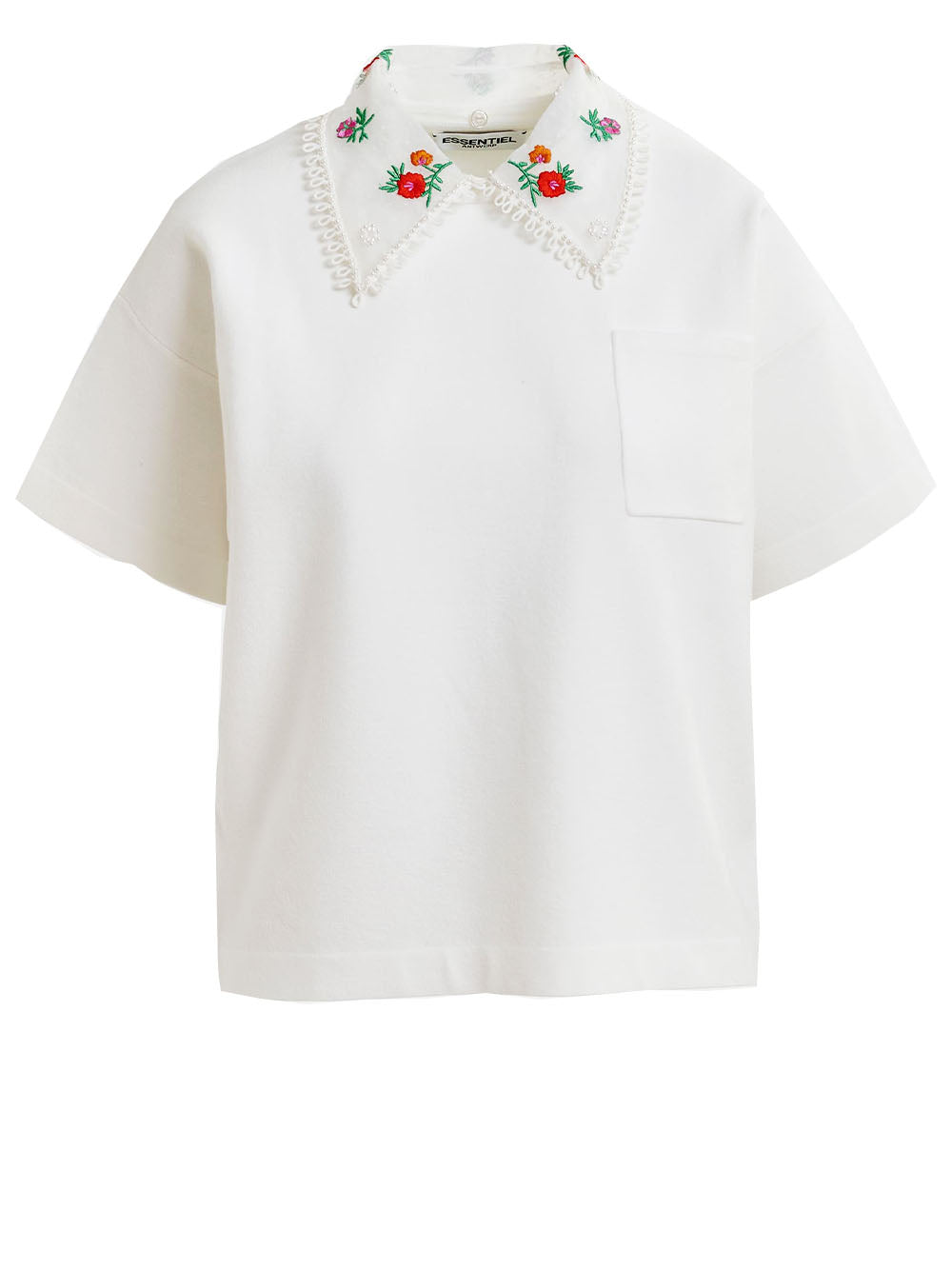 T-Shirt Hideal Polo Bianca con Collo in Tulle Ricamato