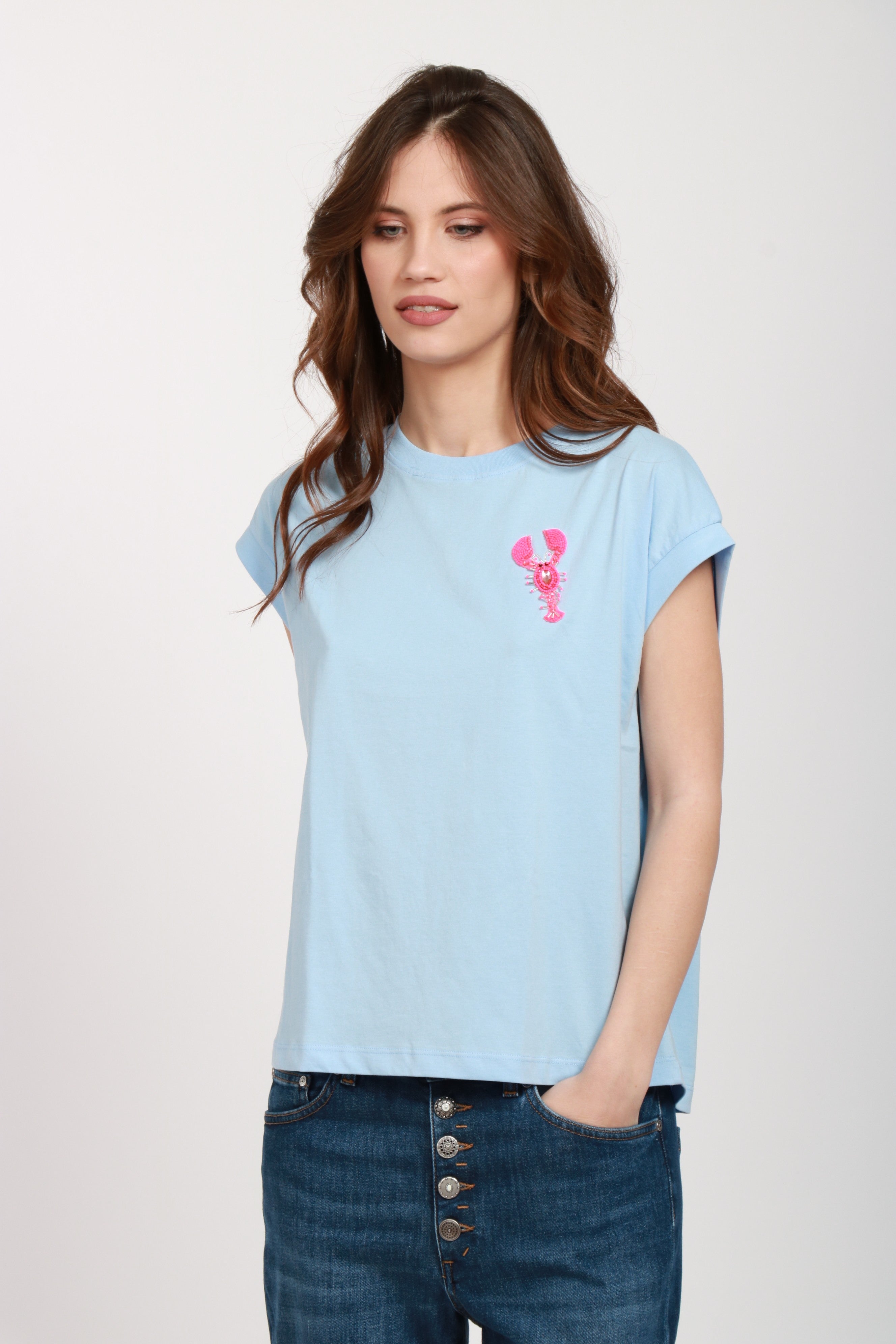 Hobster Crewneck Cotton T-Shirt Light Blue with Lobster