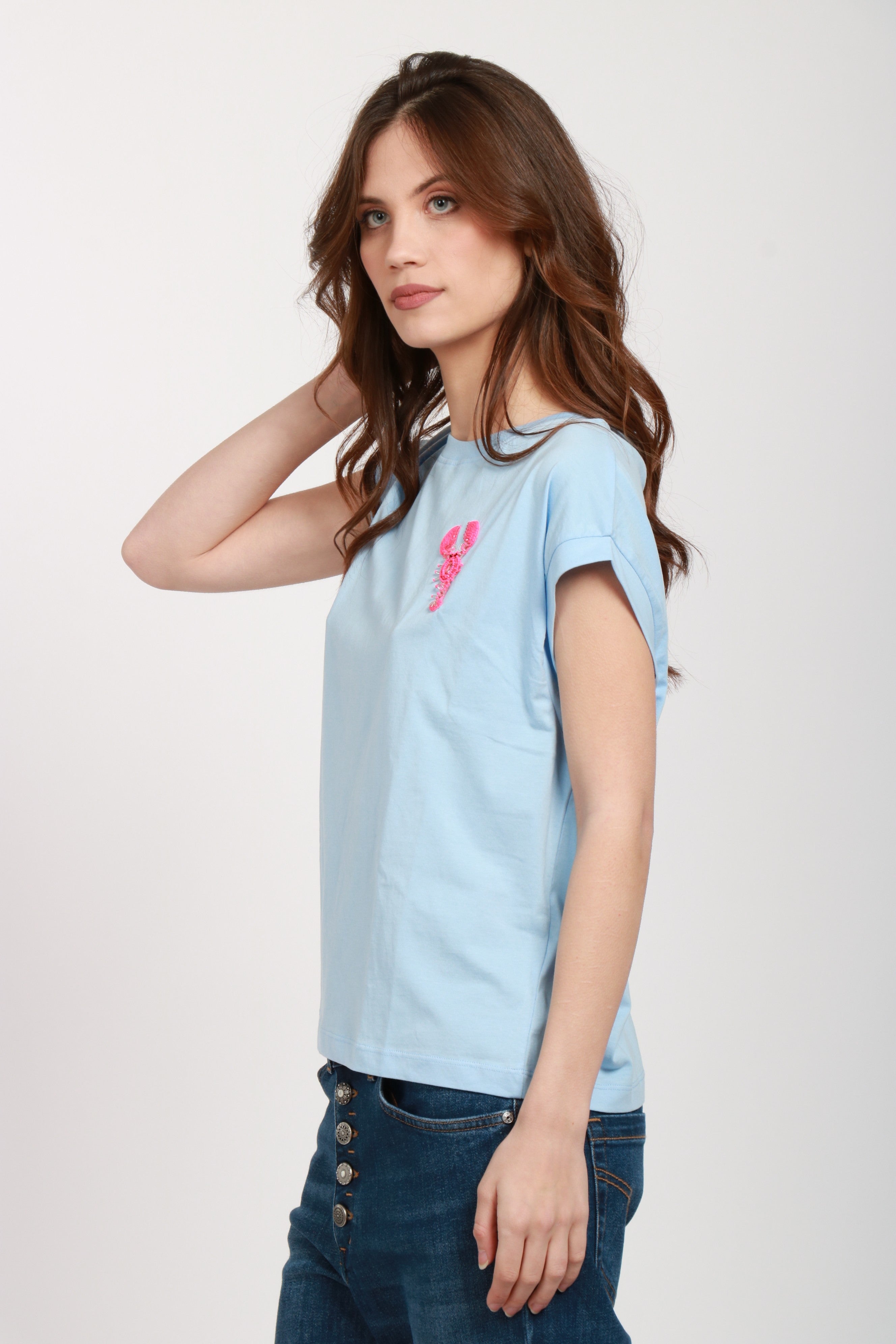 Hobster Crewneck Cotton T-Shirt Light Blue with Lobster