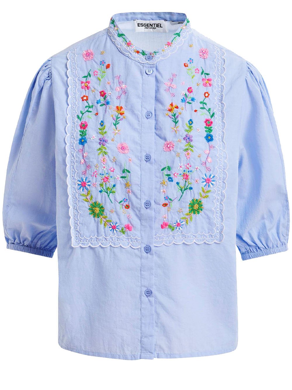 ESSENTIEL ANTWERP CAMICIA HORANGE CON FIORI RICAMATI MANICHE PALLONCINO CELESTE Oxford