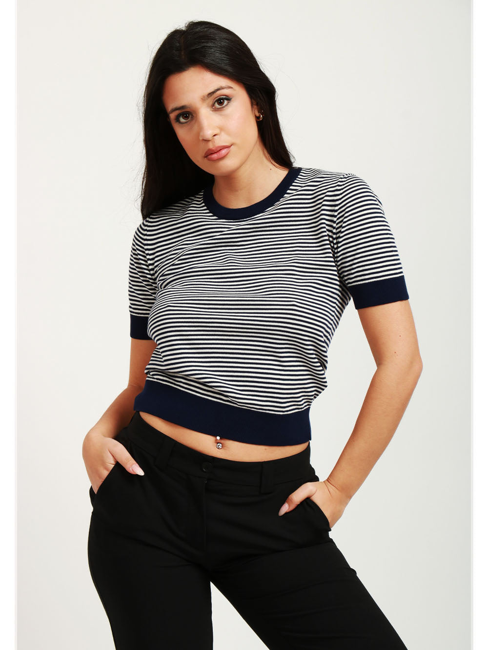 FLOOR Maglia Girocollo in Filo di Cotone a Righe Bianca e Blu Blu Bianco