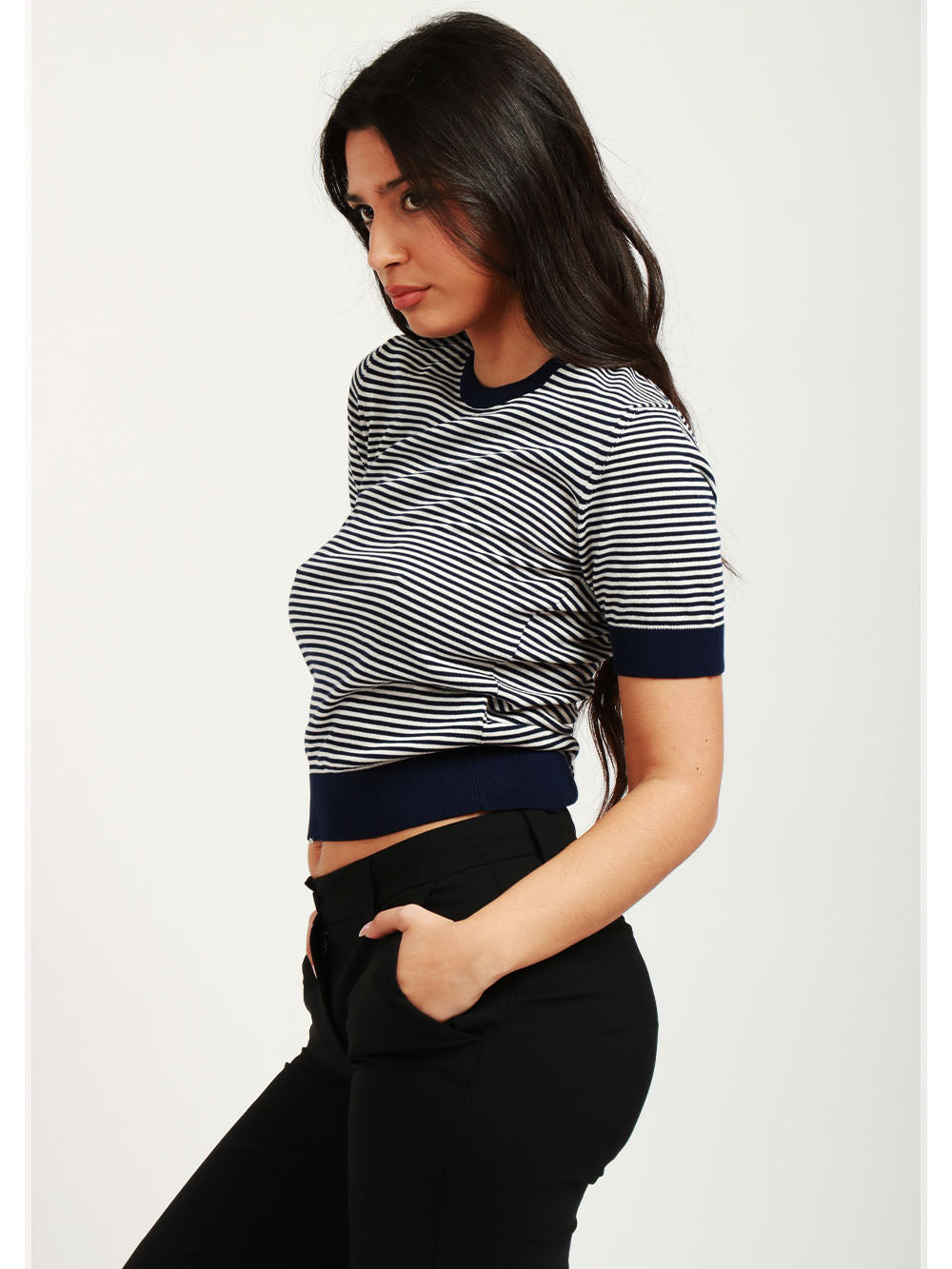 FLOOR Maglia Girocollo in Filo di Cotone a Righe Bianca e Blu Blu Bianco