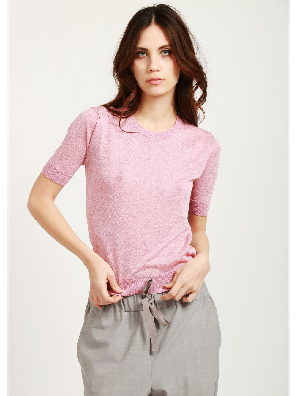 FLOOR Maglia Girocollo Rosa con Lurex e Maniche Corte Rosa