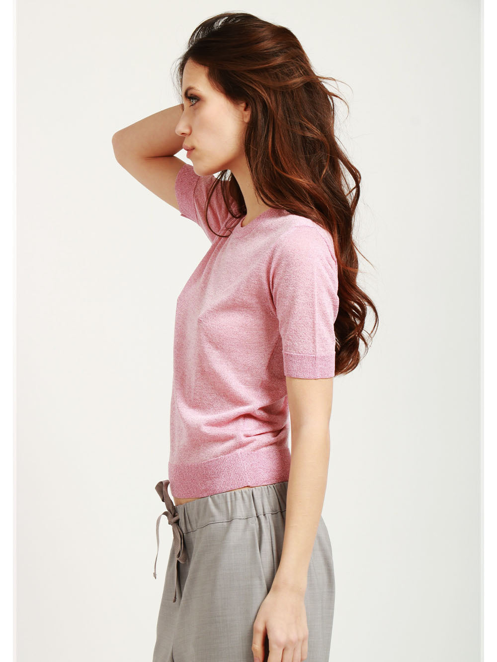 FLOOR Maglia Girocollo Rosa con Lurex e Maniche Corte Rosa