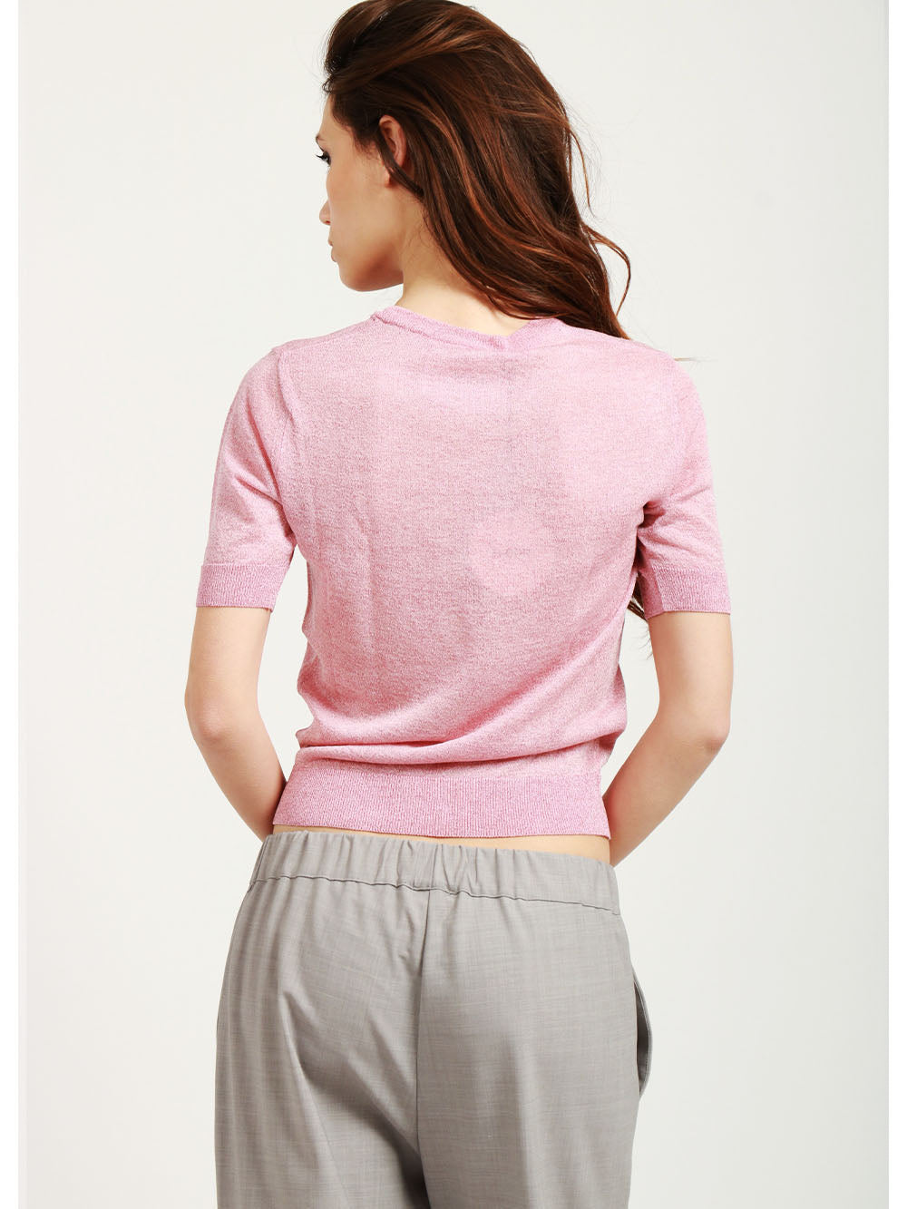 FLOOR Maglia Girocollo Rosa con Lurex e Maniche Corte Rosa