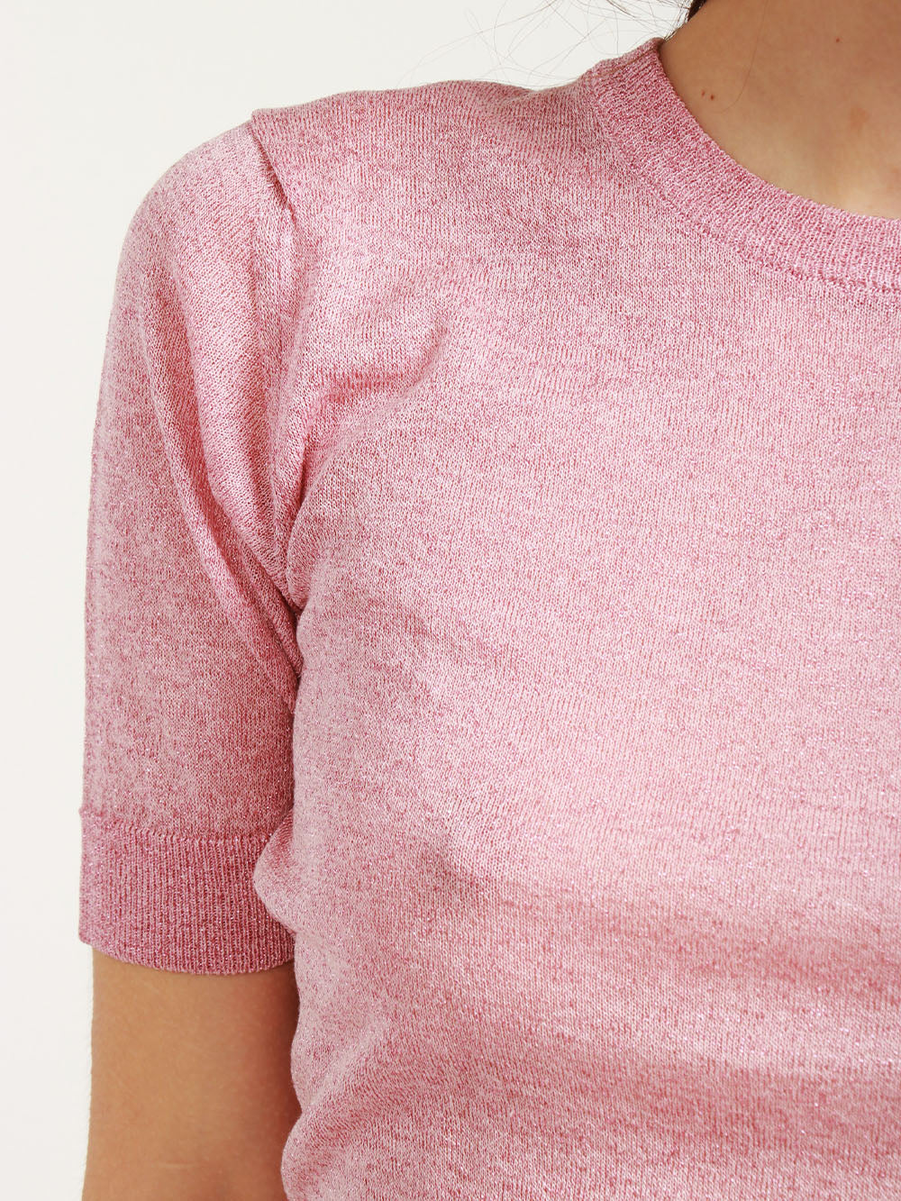 FLOOR Maglia Girocollo Rosa con Lurex e Maniche Corte Rosa