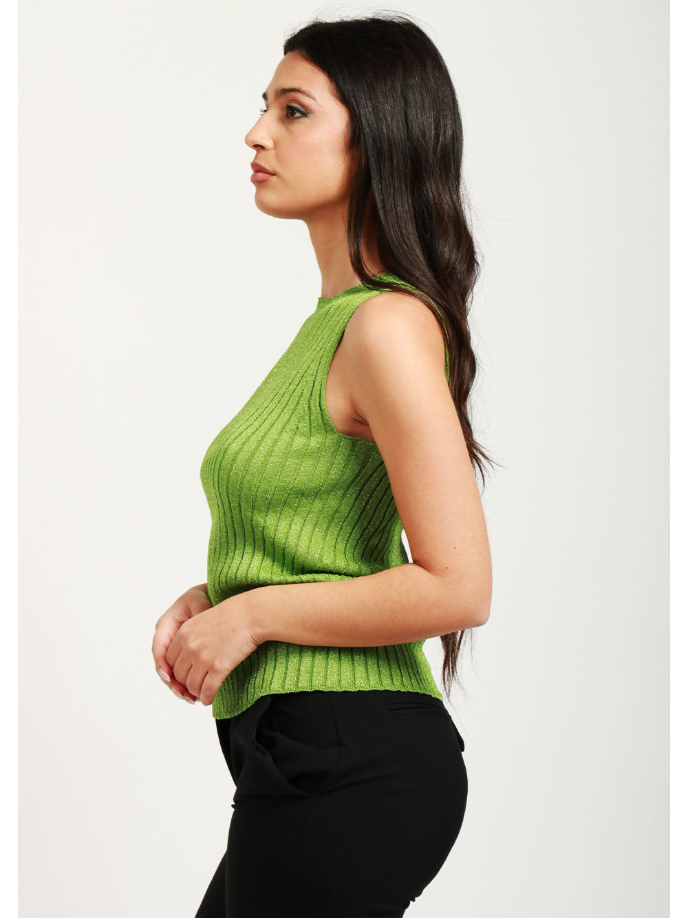 FLOOR Top Canotta in Maglia a Costine Verde con Lurex Verde