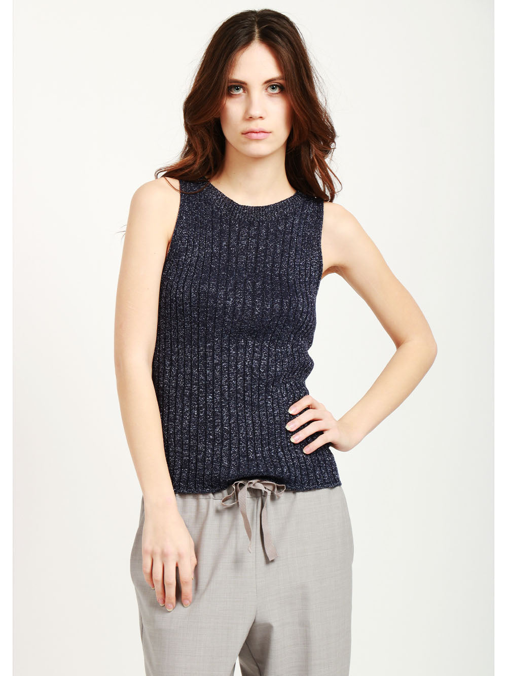 FLOOR Top Canotta in Maglia a Costine Blu con Lurex Blu notte