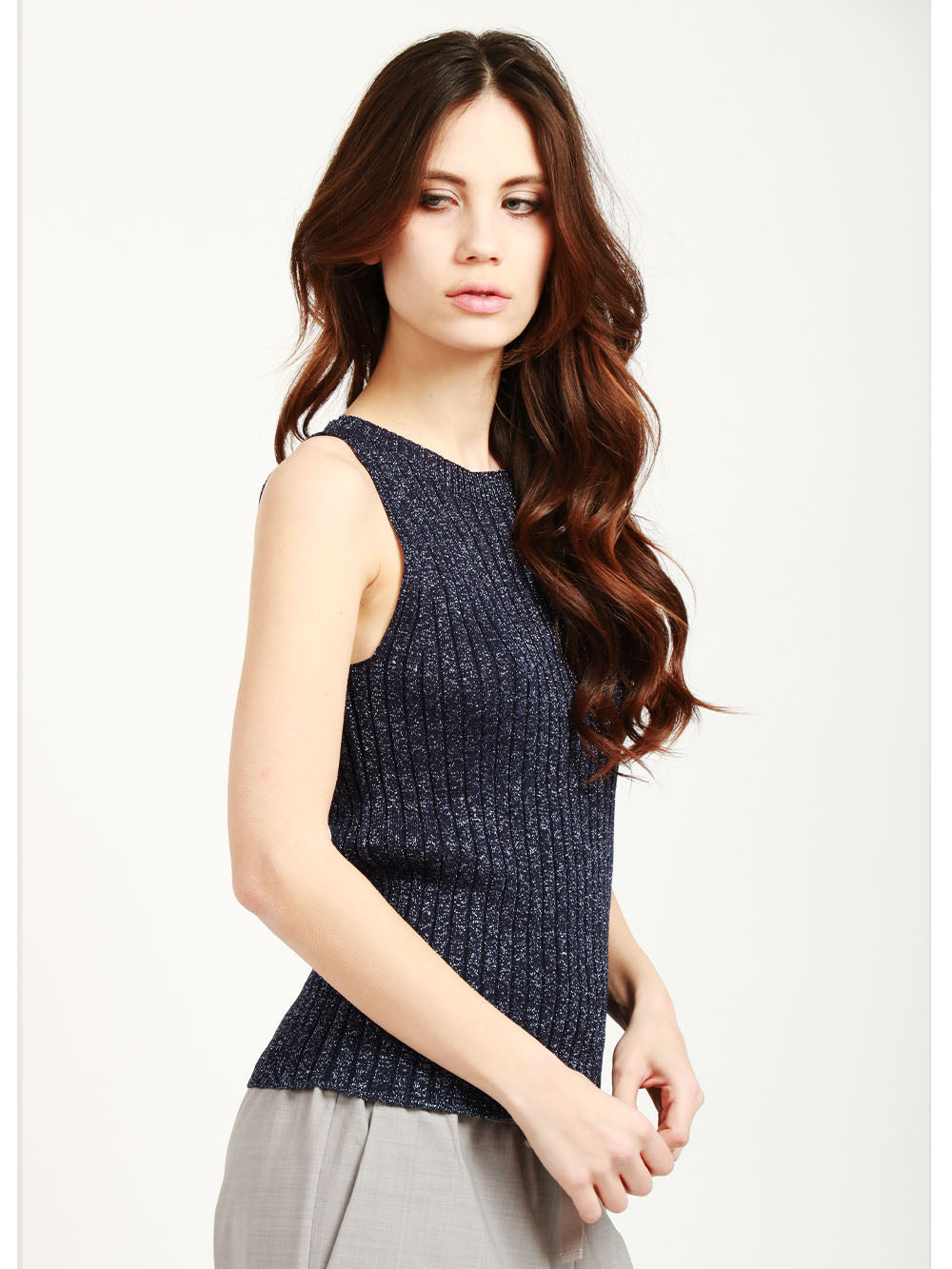 FLOOR Top Canotta in Maglia a Costine Blu con Lurex Blu notte