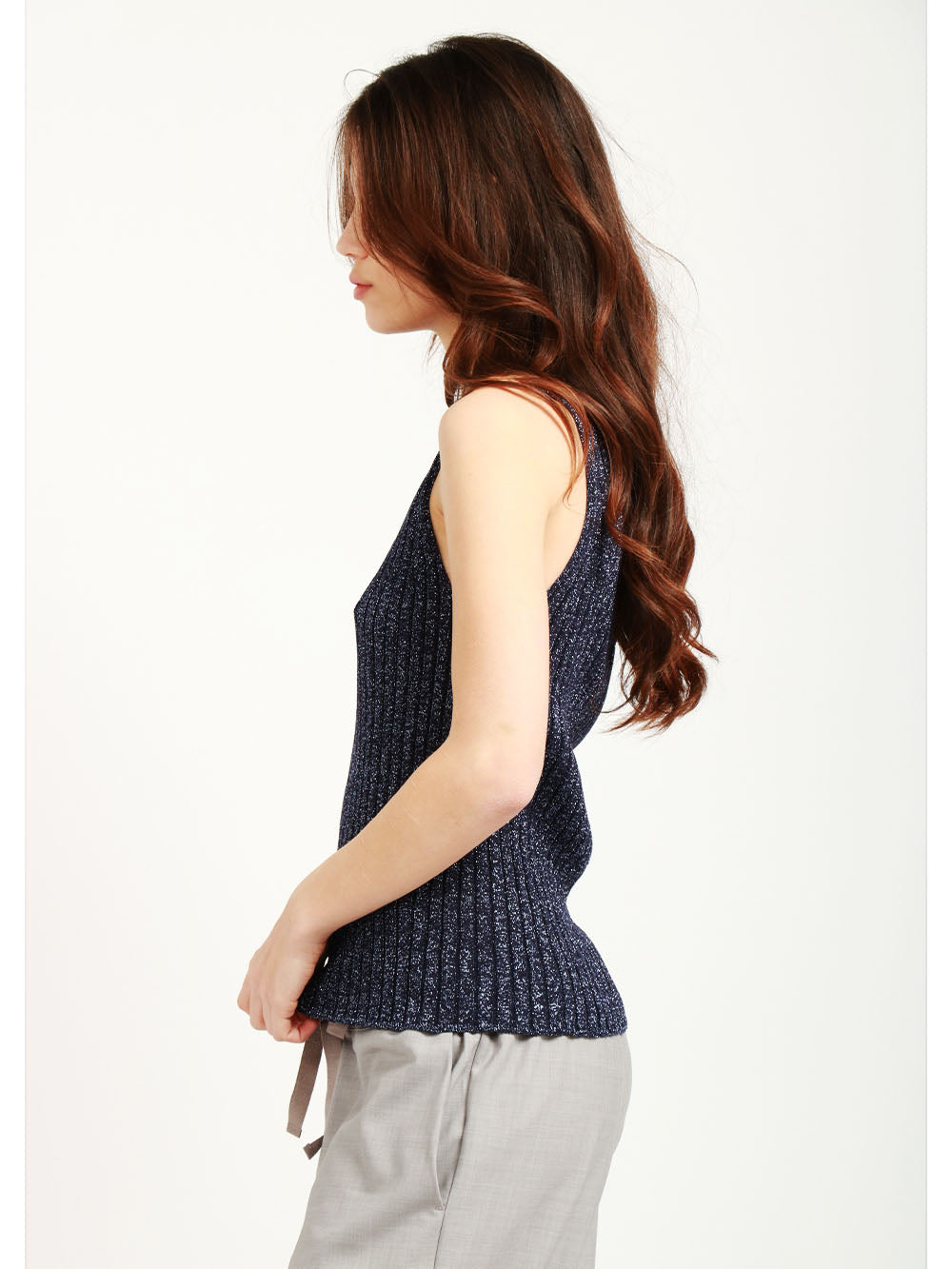 FLOOR Top Canotta in Maglia a Costine Blu con Lurex Blu notte