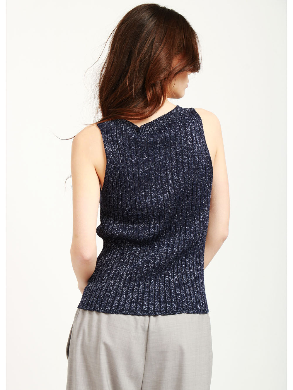 FLOOR Top Canotta in Maglia a Costine Blu con Lurex Blu notte