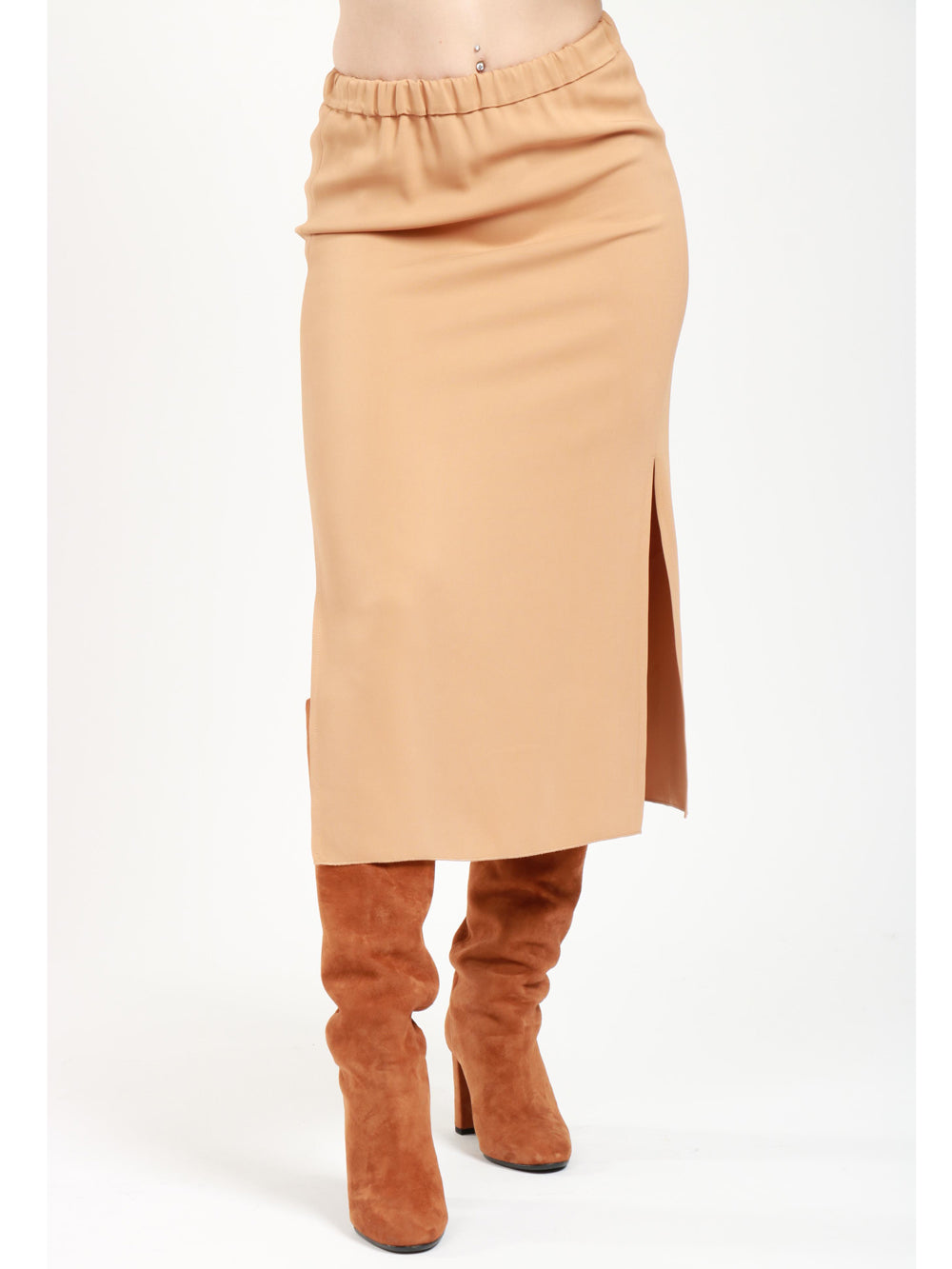 FORTE FORTE Gonna Tubino in Crêpe Nude con Spacchi Laterali Beige