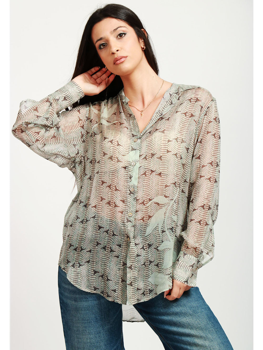 Camicia in Chiffon di Seta con Stampa Dune Lily Grigia e Celeste