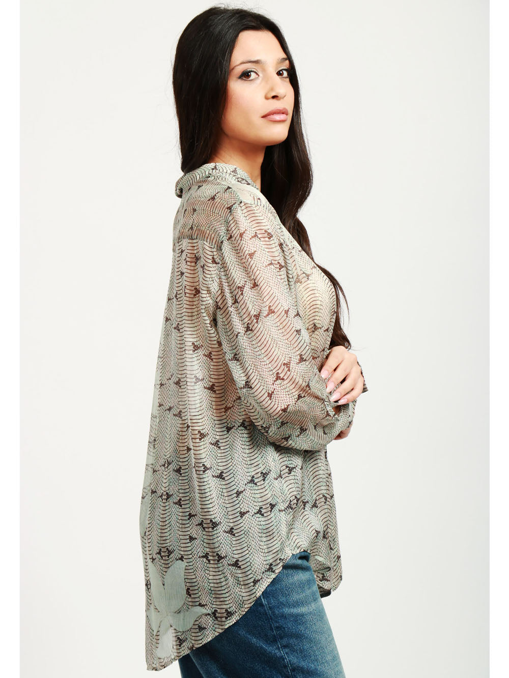 Camicia in Chiffon di Seta con Stampa Dune Lily Grigia e Celeste