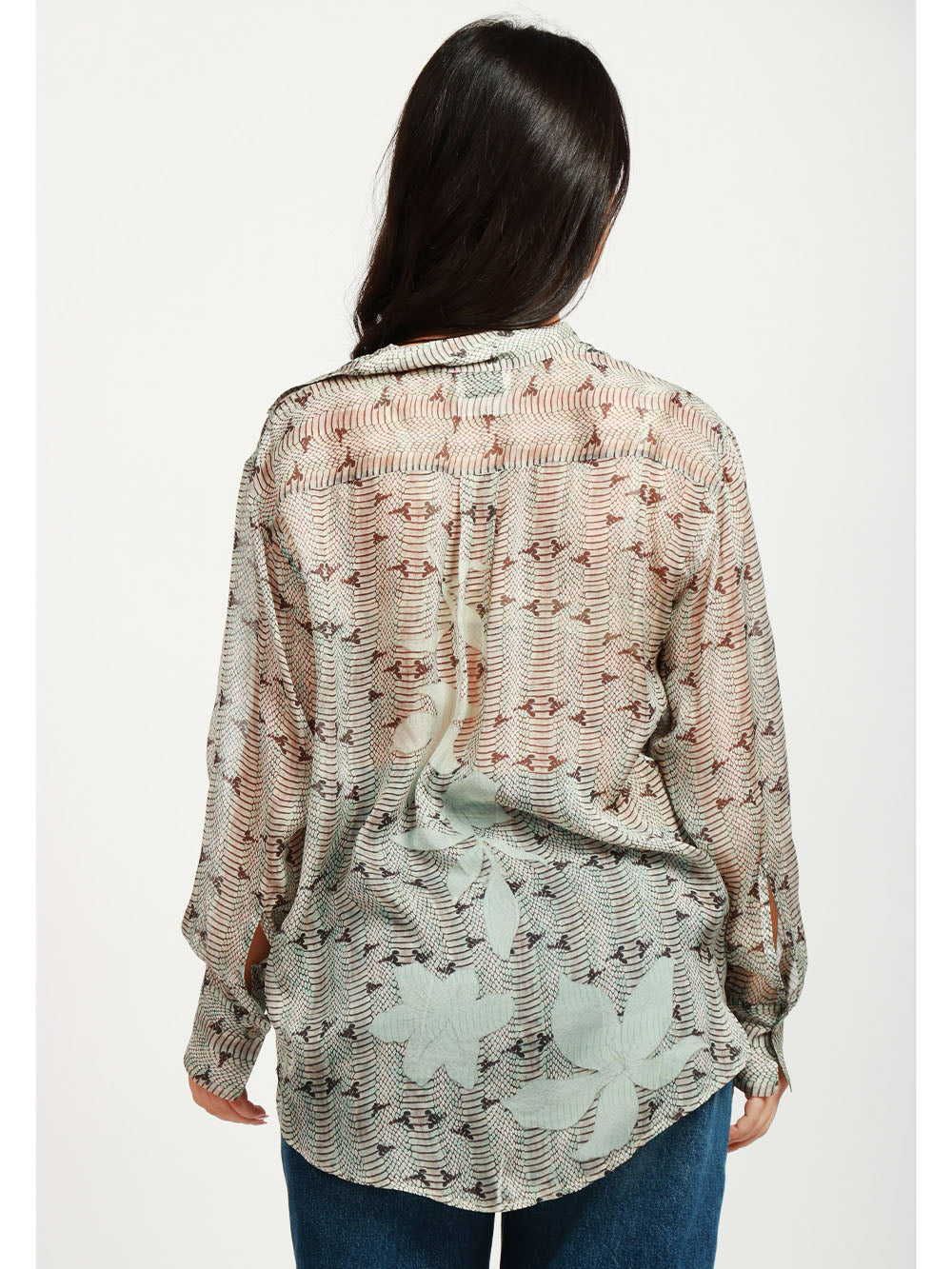 Camicia in Chiffon di Seta con Stampa Dune Lily Grigia e Celeste