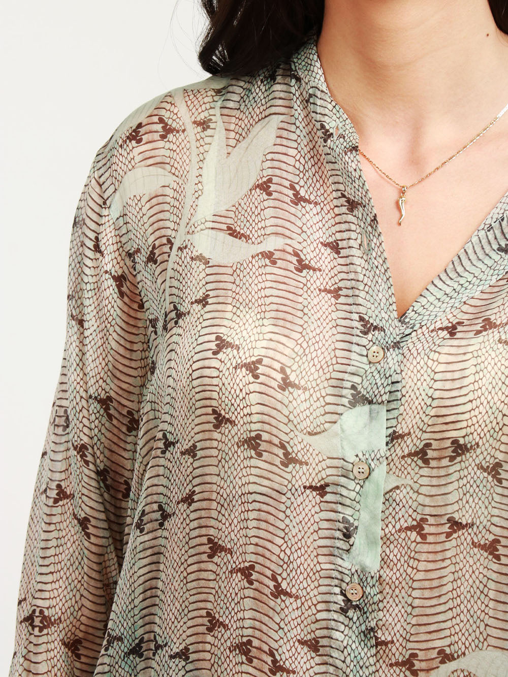 Camicia in Chiffon di Seta con Stampa Dune Lily Grigia e Celeste