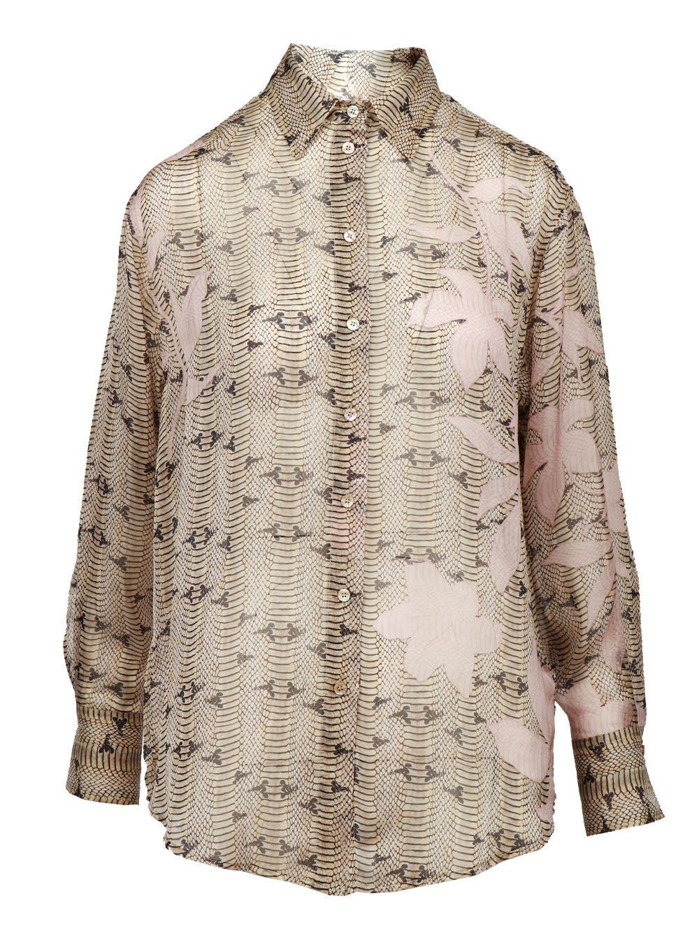 FORTE FORTE Camicia in Chiffon di Seta con Stampa Dune Lily Beige e Rosa Rosa/beige/nero