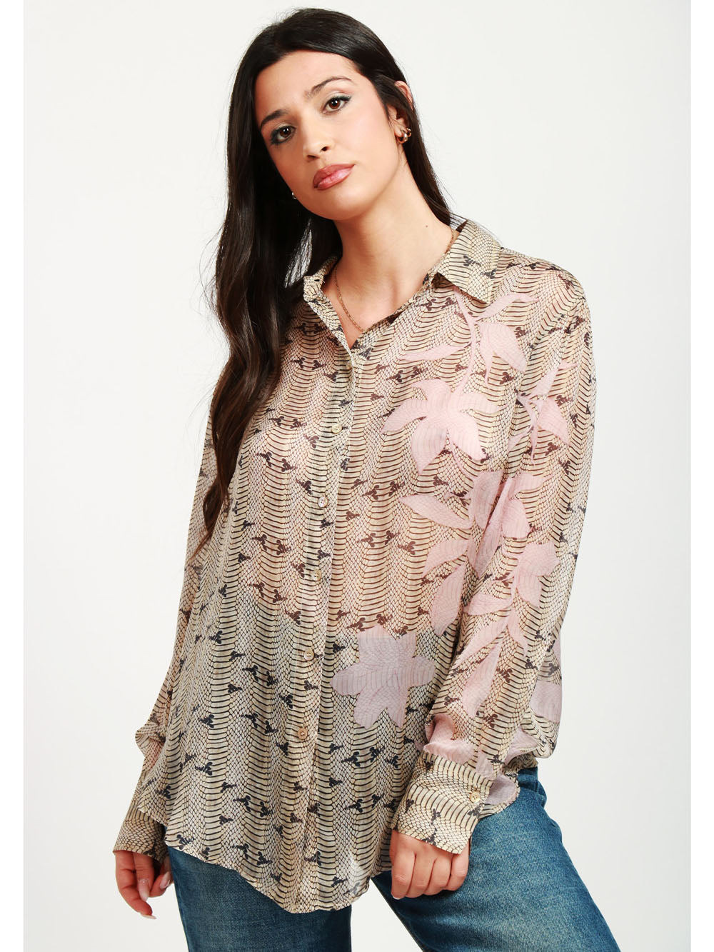 FORTE FORTE Camicia in Chiffon di Seta con Stampa Dune Lily Beige e Rosa Rosa/beige/nero