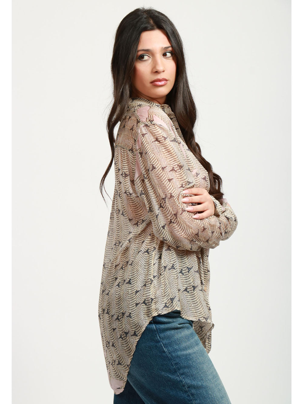 FORTE FORTE Camicia in Chiffon di Seta con Stampa Dune Lily Beige e Rosa Rosa/beige/nero
