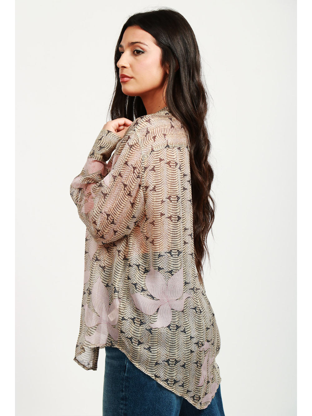 FORTE FORTE Camicia in Chiffon di Seta con Stampa Dune Lily Beige e Rosa Rosa/beige/nero