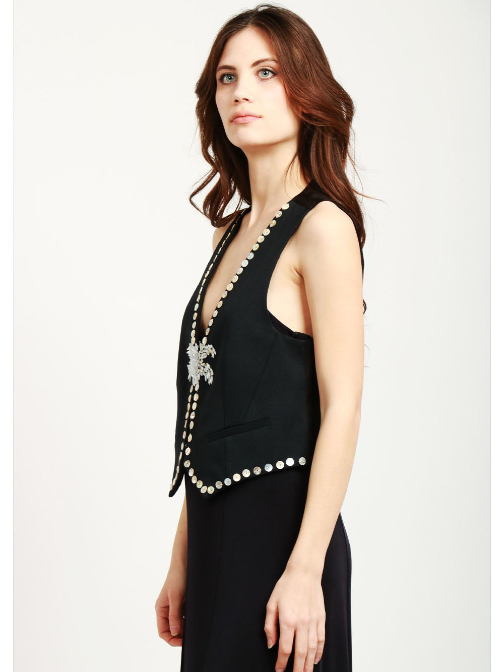 FORTE FORTE Gilet Monopetto Blu Notte con Dettagli in Madreperla Blu notte